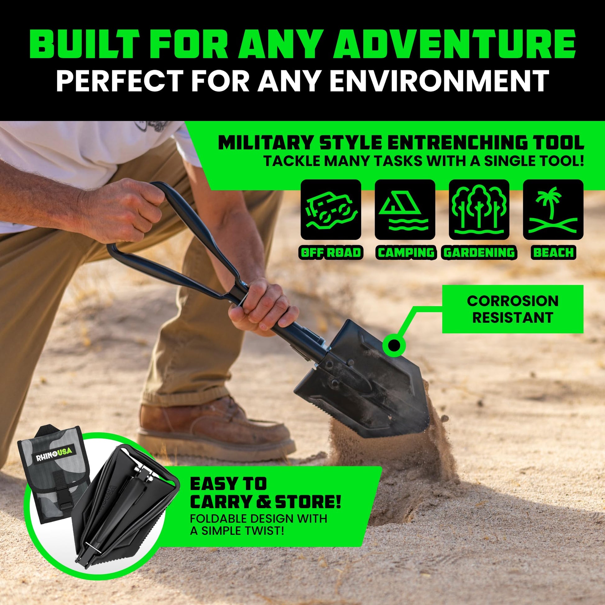 Pala Plegable Rhino USA Verde Militar Multiusos de Acero Carbono para Camping, Jardinería y Supervivencia