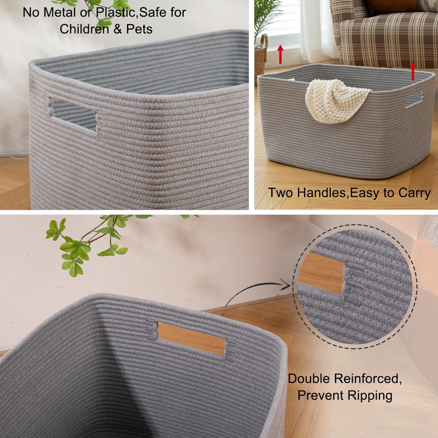 OIAHOMY - Cesta Rectangular XXL de Manta de 96 L, cesta tejida de algodón para almacenamiento, cesta de ropa sucia para sala de estar, guardería, recámara, organización de juguetes con asa, 24" x 16
