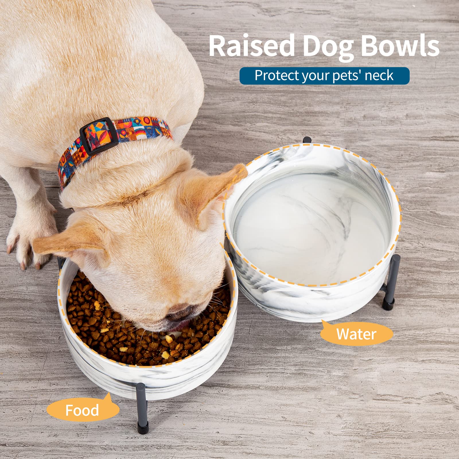 Cuencos de cerámica para perros y gatos de 32 onzas con soporte de metal elevado, juego de cuencos redondos de porcelana de 6 pulgadas, cuencos de alimentación para mascotas para gatos y perros, gris mármol, juego de 2