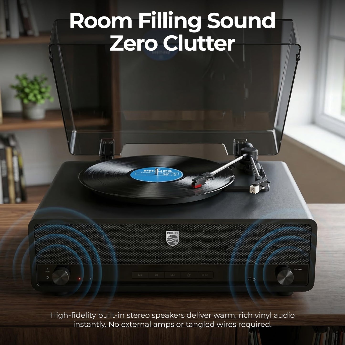 Philips Reproductor de grabación de tocadiscos Bluetooth todo en uno con altavoces integrados, reproductor de vinilo de 3 velocidades, lápiz Audio-Technica, entrada y salida de transmisión inalámbrica