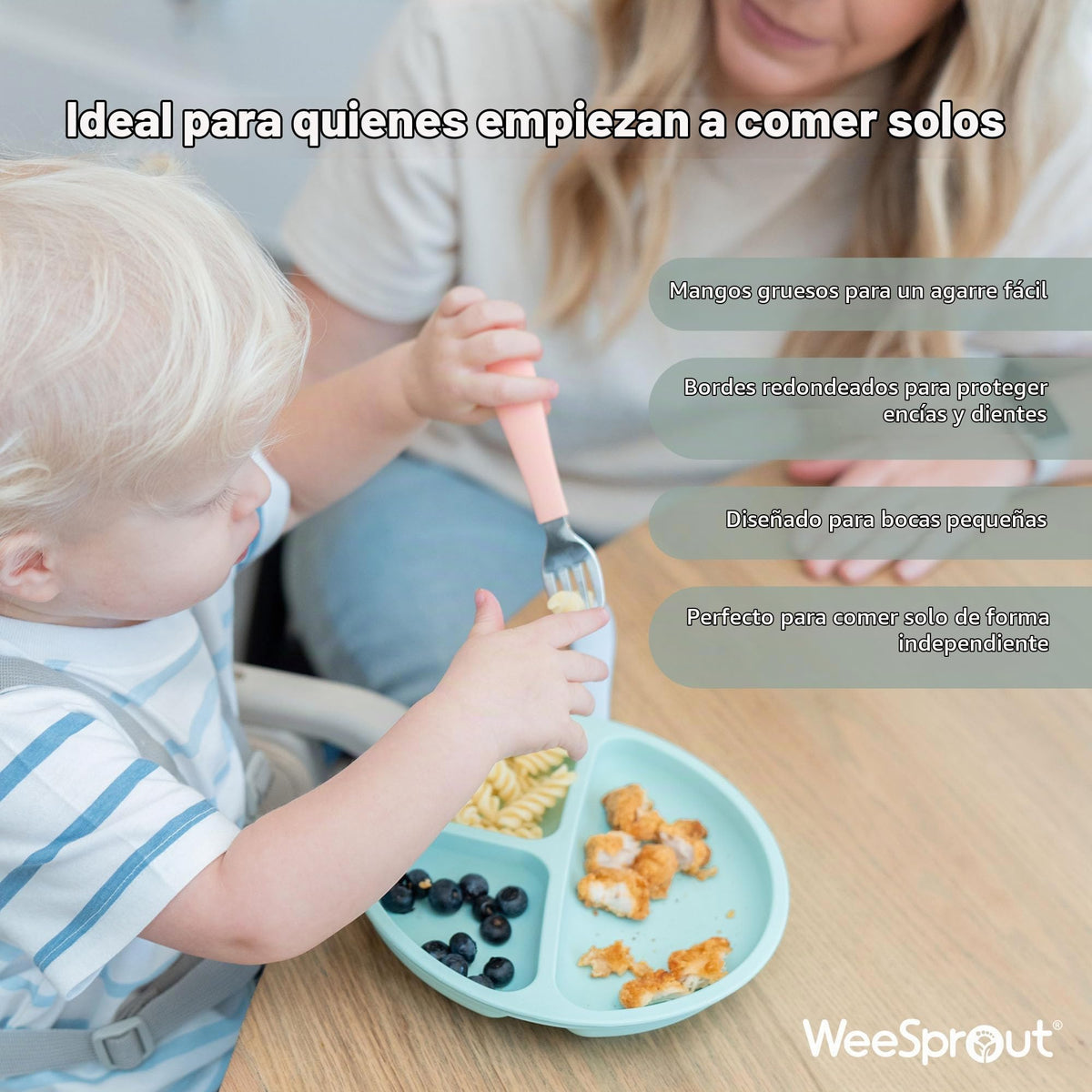 WeeSprout - Utensilios para niños pequeños, 3 tenedores y 3 cucharas, acero inoxidable 18/8 y silicona de grado alimenticio, asas gruesas de fácil agarre, longitud perfecta para nuevos