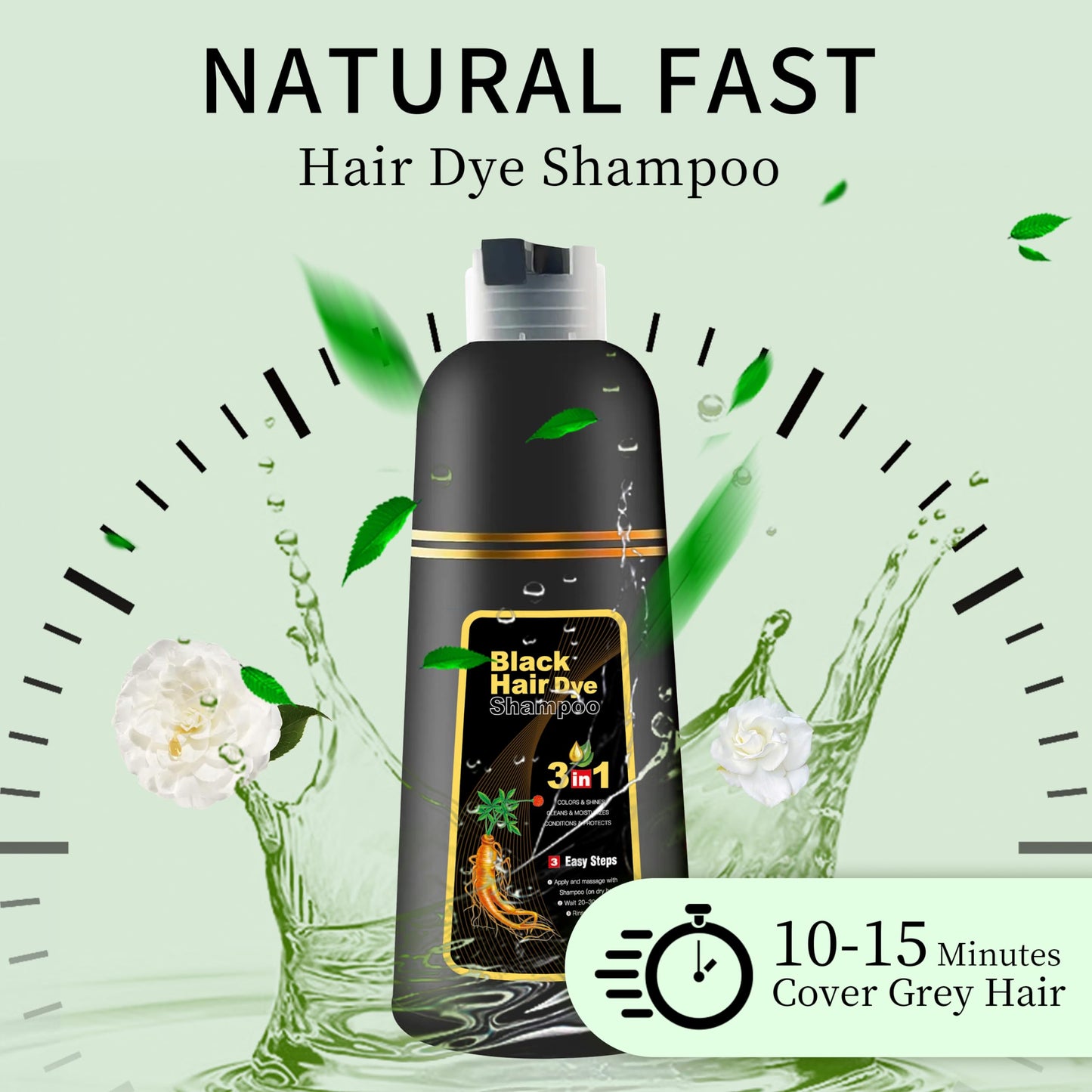 KILOMETS Champú para teñir el cabello negro: Champú Mágico de color para el cabello de mujeres - Cubre el 100% de las canas- Tinte 3 en 1 instantáneo. Con ingredientes herbales, fácil de usar, sin ensuciar, larga duración, libre de PPD y amoníaco. 500 ml