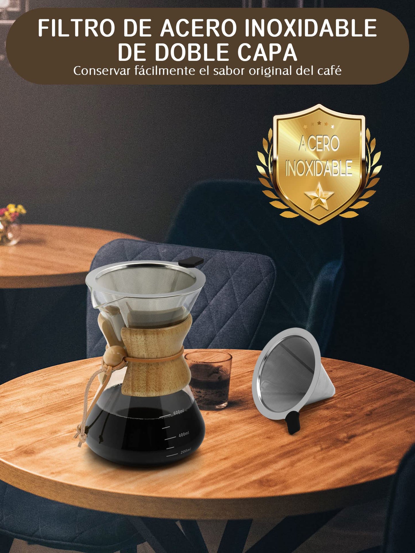 Cafetera de Vidrio Reutilizable 600ML Filtro Acero Inoxidable 304 Para Goteo Manual