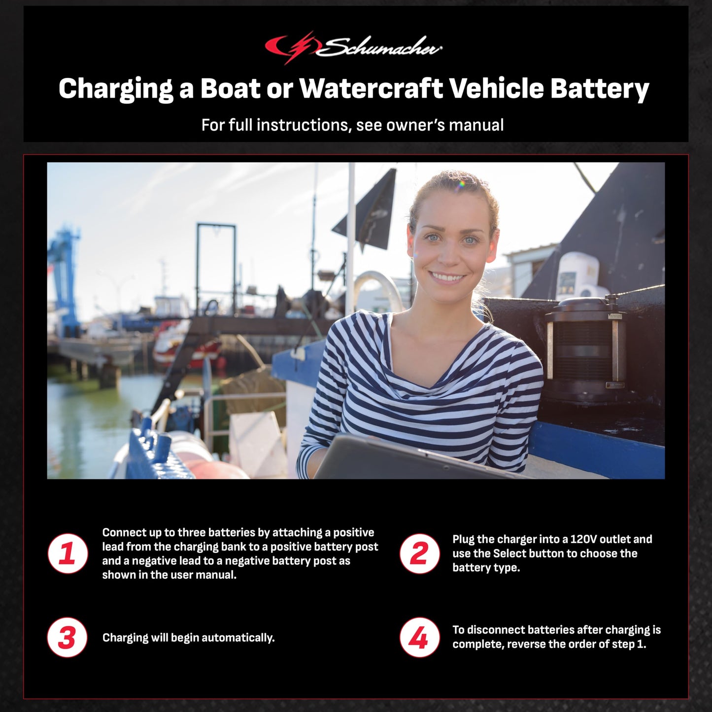 Schumacher Electric Ship 'n Shore Cargador de batería Marino de Tres Bancos, SC1645, 2 en 1, Completamente automático, Carga secuencial, Resistente al Agua, 15 amperios, 12 V, para baterías de Coche,