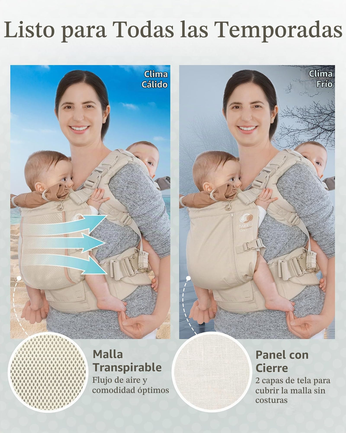 TwinGo Carrier - Modelo Air - Neutro, ideal para todas las estaciones, malla transpirable, totalmente ajustable en tándem o 2 portabebés individuales para hombres, mujer XS-XXL - Gemelos y bebés de 10