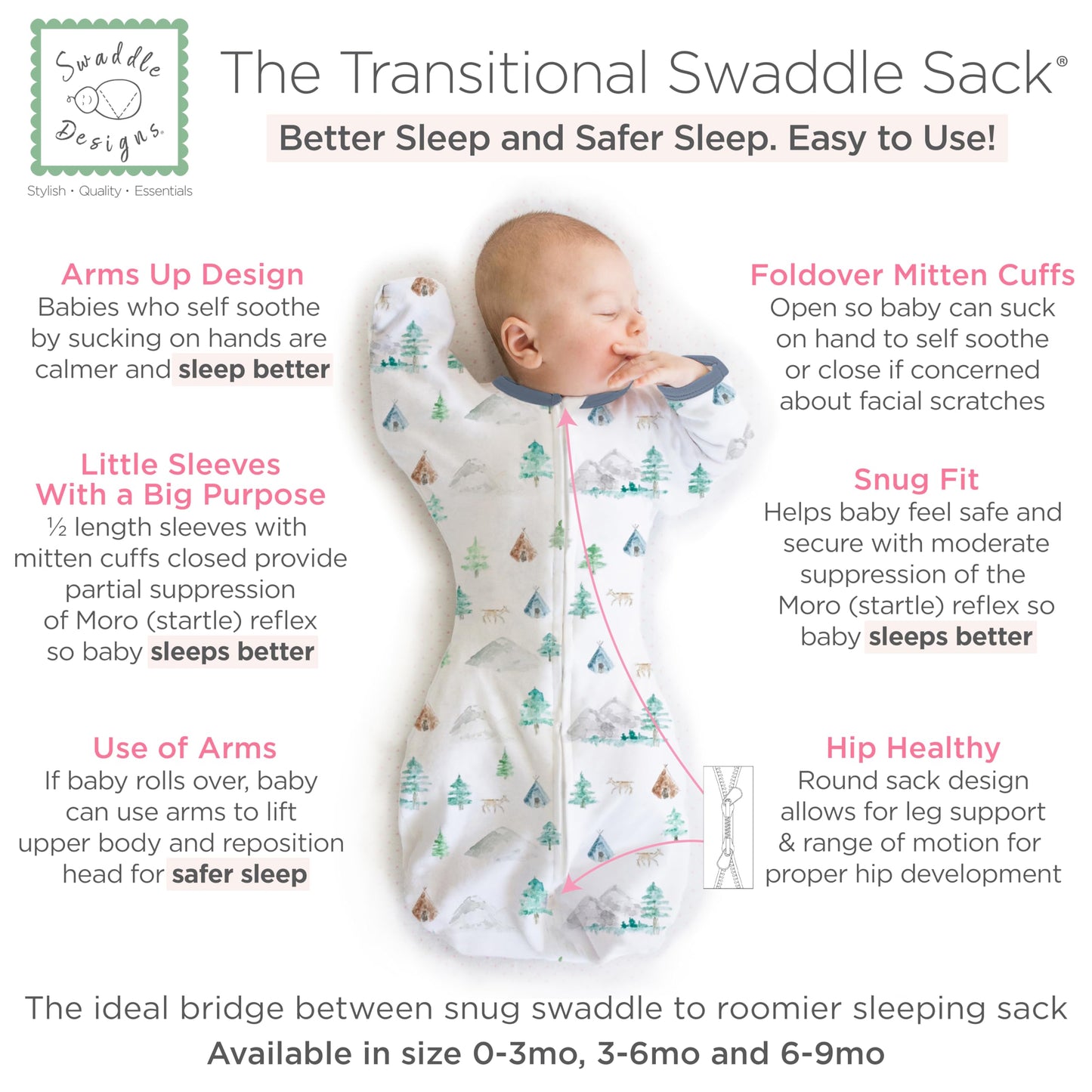 SwaddleDesigns - Saco de Envolver transicional, Mangas de Media Longitud y puños de manopla, para la transición del recién Nacido al Saco de Dormir del bebé, Manta portátil, 3-6 Meses, 14-20 Libras,