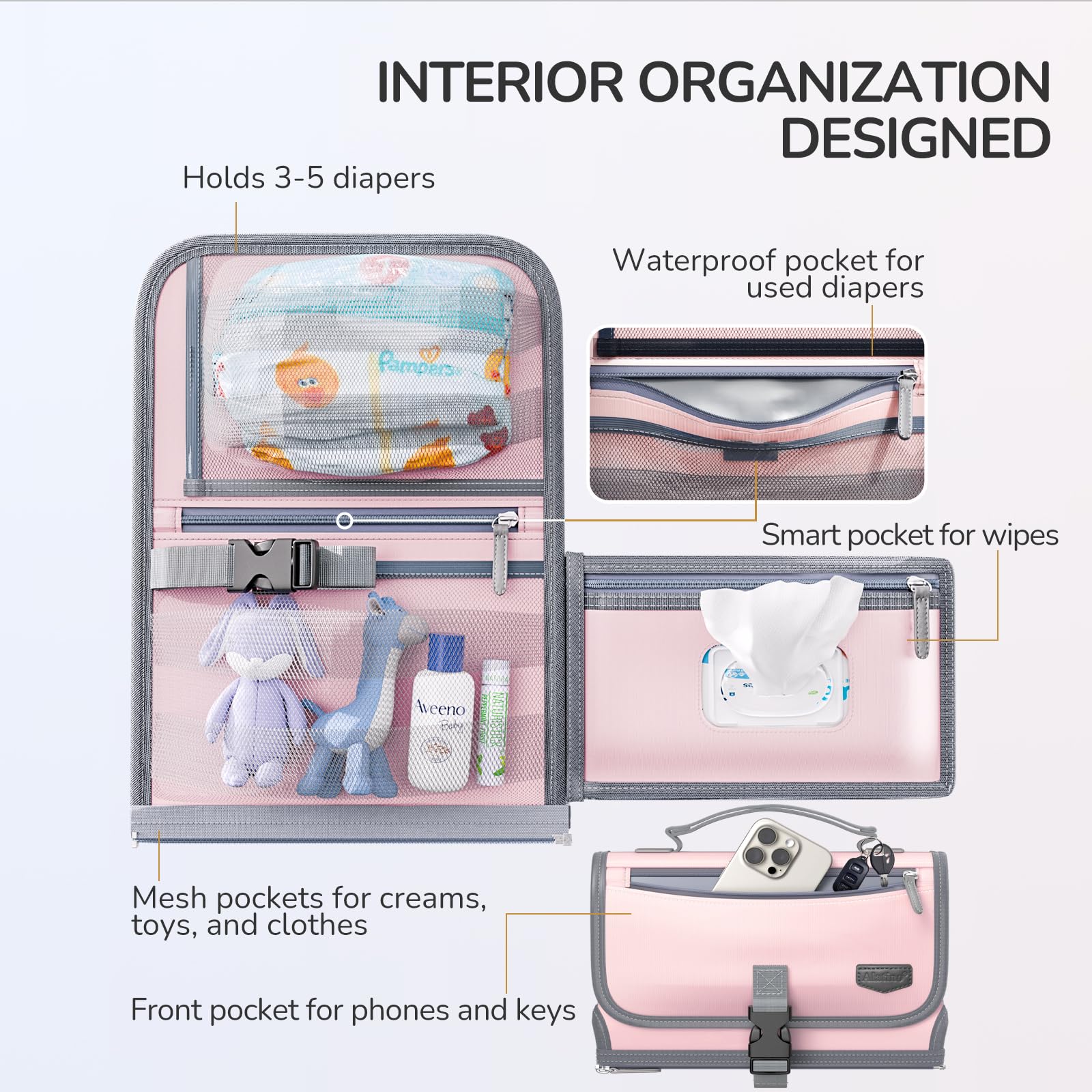 Cambiador portátil de pañales con correa para el hombro, cambiador de viaje desmontable con bolsillo para toallitas para bebé, regalos para baby shower, niñas recién nacidas y niños (rosa)
