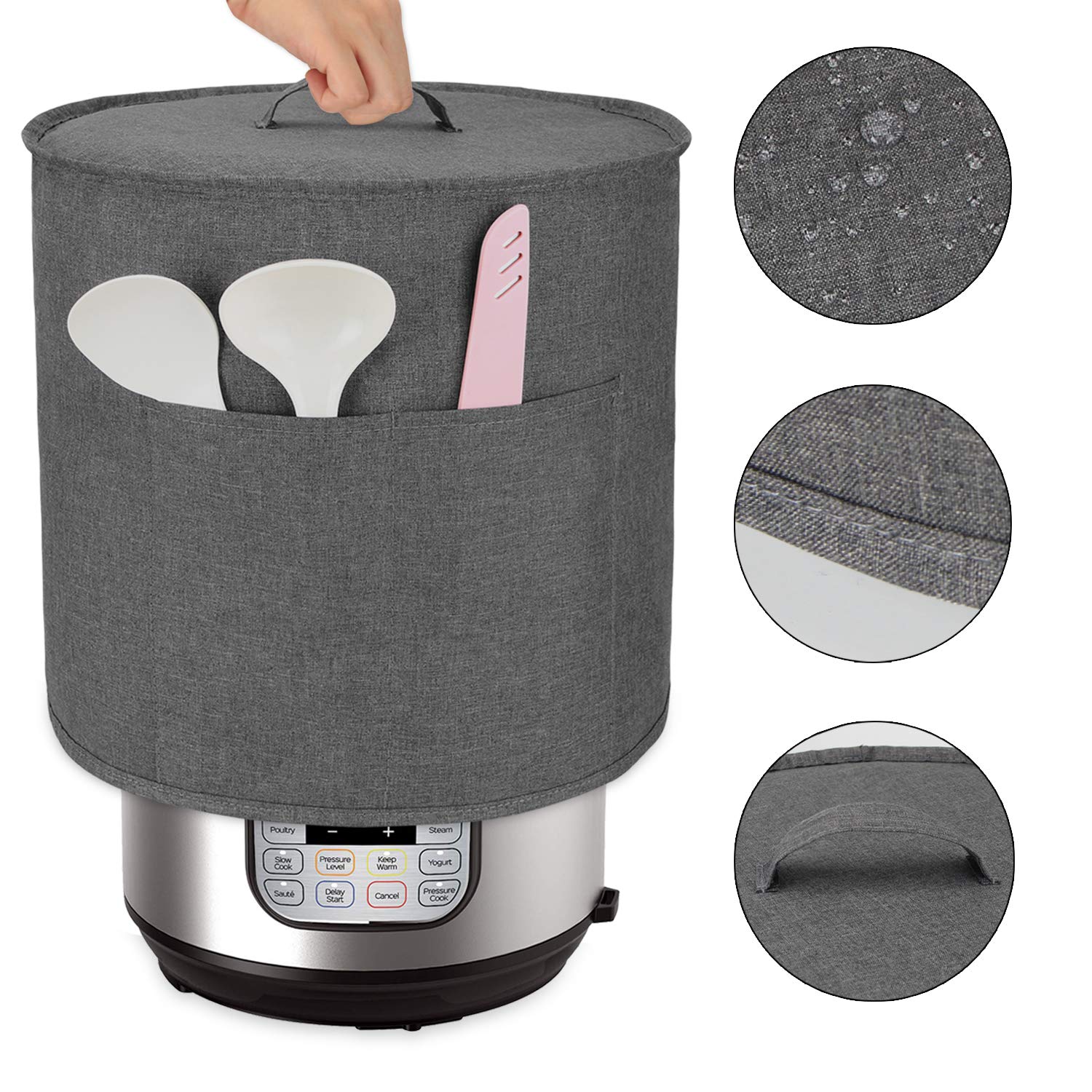 Luxja - Funda antipolvo compatible con macetas instantáneas de 6 cuartos de galón, funda de tela con bolsillos para ollas instantáneas (6 cuartos de galón) y accesorios adicionales, gris (mediano)