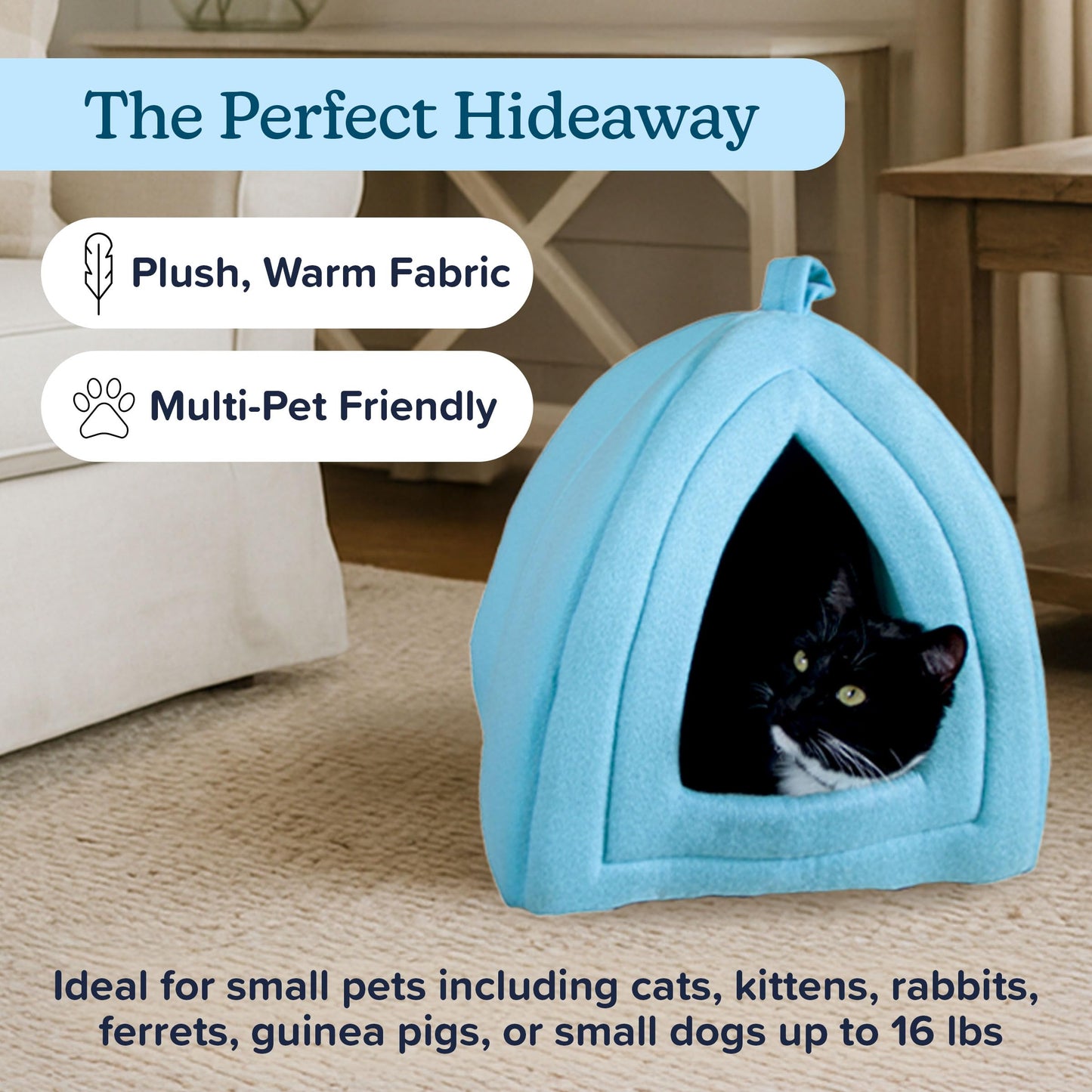 Petmaker Cozy Kitty Tent Igloo Plush Cat Bed, Blue