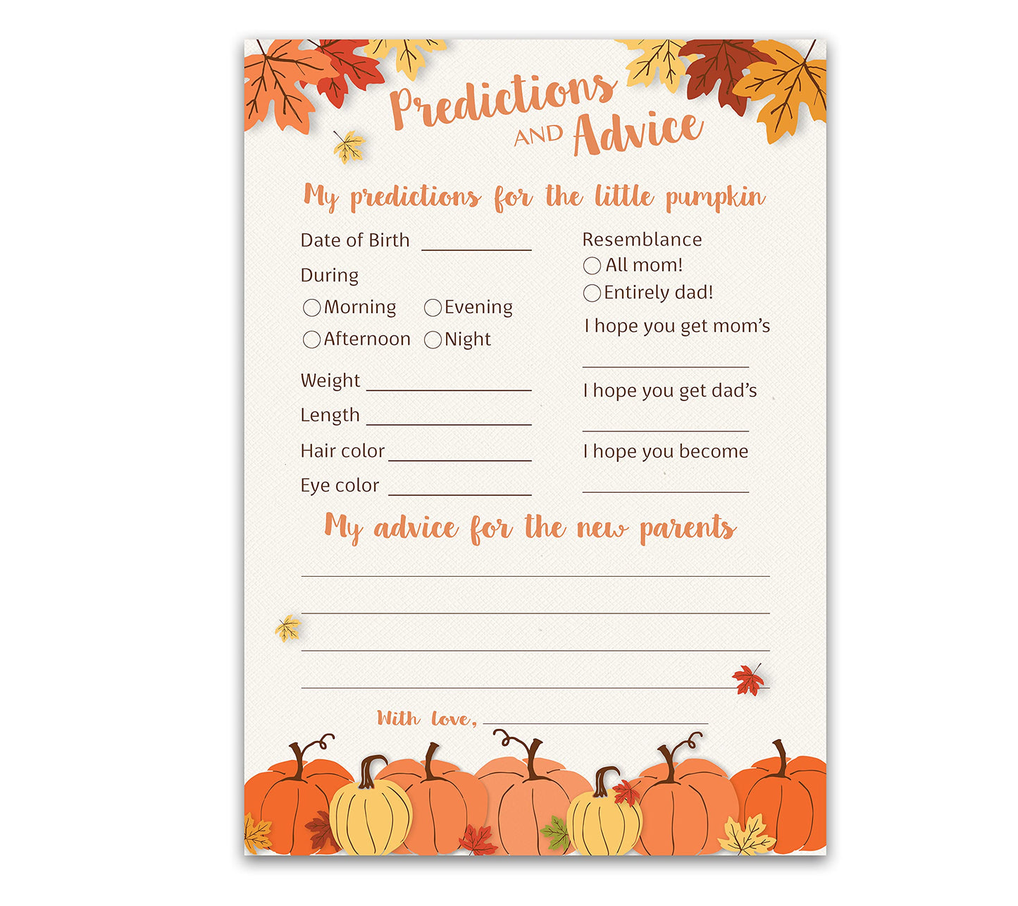 PuMPKINS - Tarjetas de predicción y consejo – Paquete de 25 – Little PuMPKIN juegos de baby shower, padres nuevos, mamá y papá para ser, mensaje para mamá y papá, parejas Coed Shower Actividades Libro de recuerdo de otoño G330-PDAV