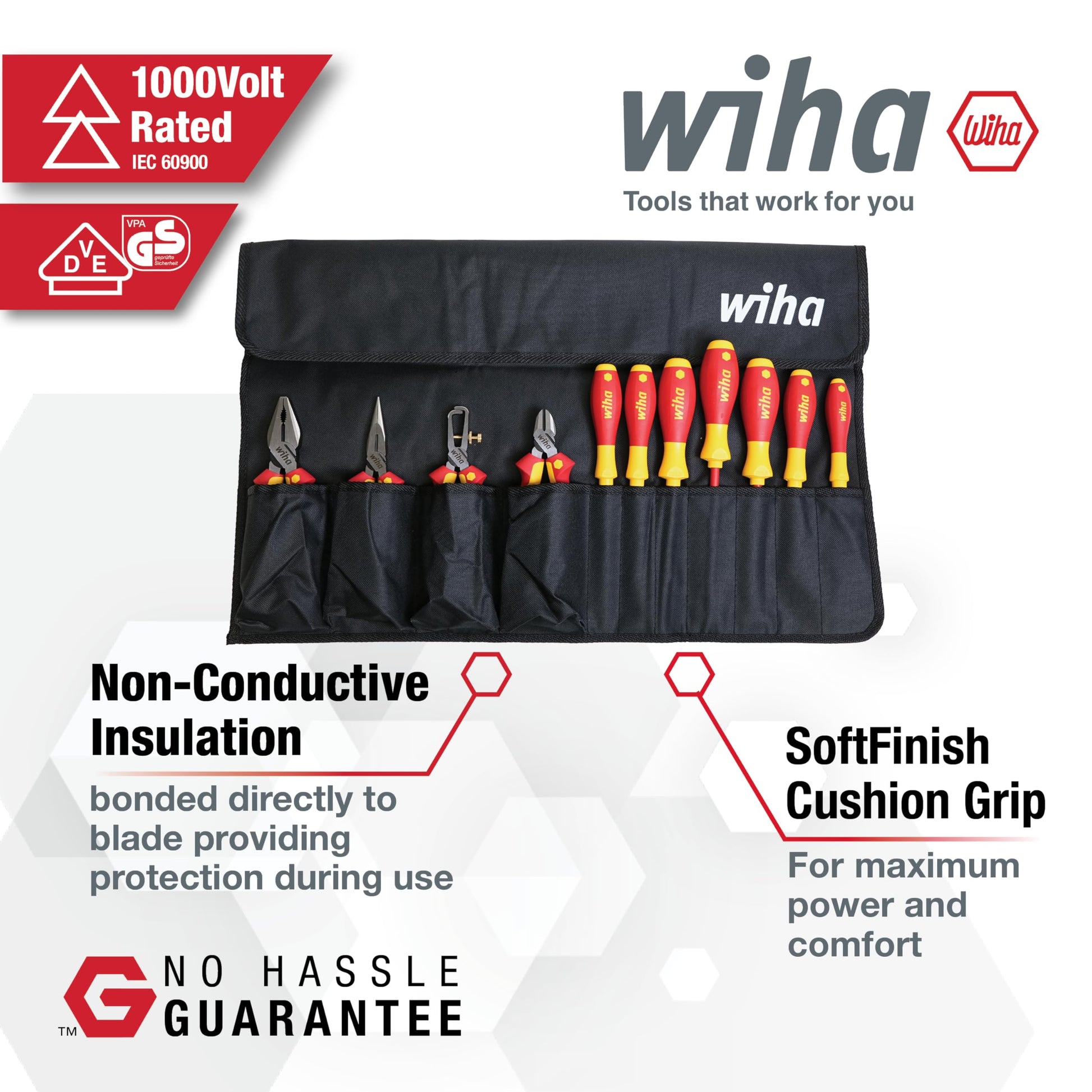 Wiha 32986 - Juego de alicates industriales aislados en bolsa enrollable, 11 piezas