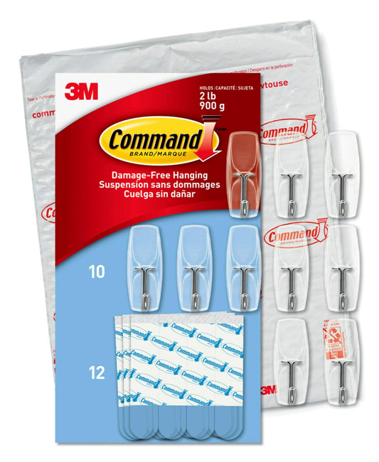 Command - Ganchos de palanca de alambre transparente, 10 ganchos de pared y 12 tiras de comando, sin daños y con calcomanía, ideal para colgar, organización y almacenamiento, soporta hasta 2 libras