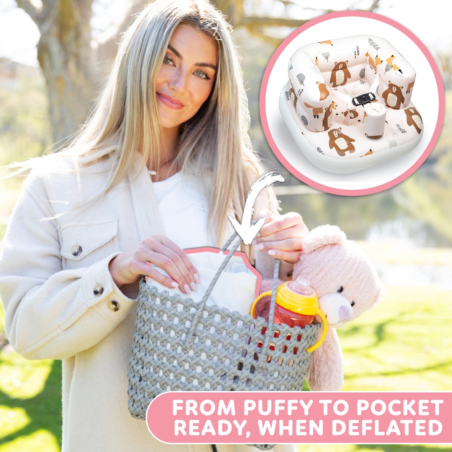 Puff Pod Asiento inflable de alta calidad para bebé con bomba integrada, silla inflable con arnés de seguridad y base antideslizante, silla de bebé para bebés de 3 a 36 meses, silla inflable portátil