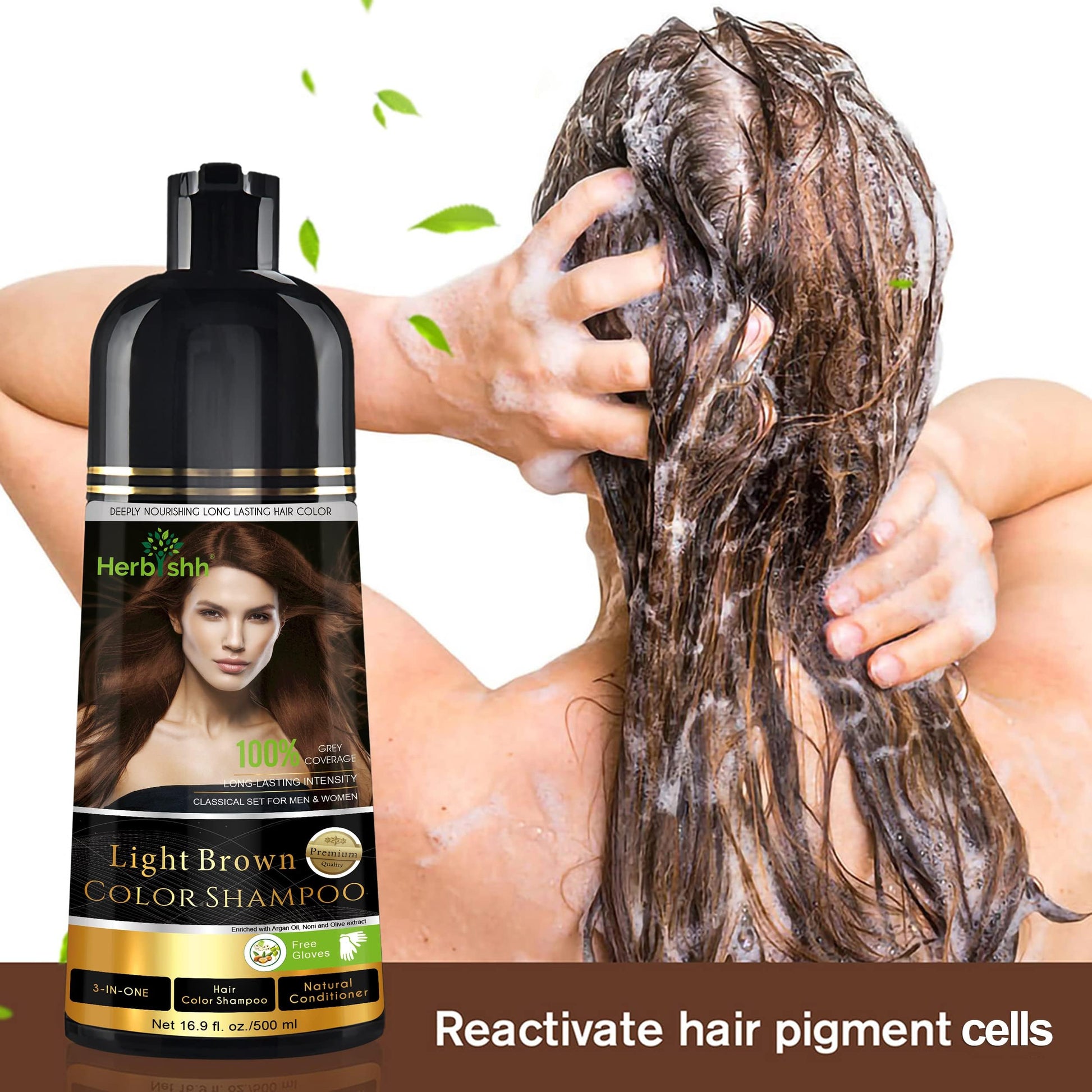 Herbishh - Champú colorante para cabello gris, champú con tinte natural para el cabello, colorea el cabello en minutos, dura hasta de 3 a 4 semanas, 500 ml, tinte de cabello 3 en 1, sin amoniaco | (marrón claro)