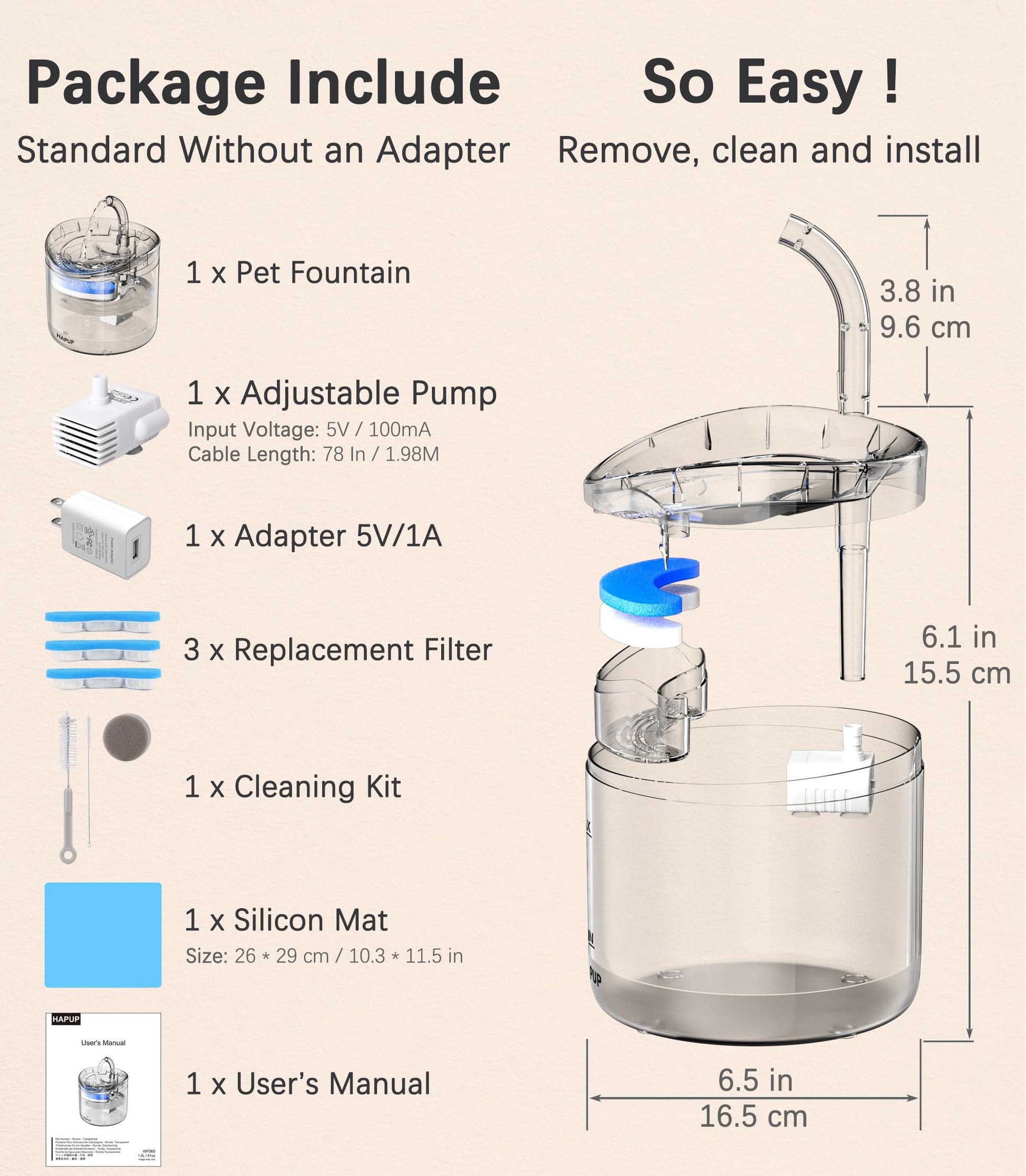 Fuente de agua para gatos, dispensador de agua para perros, de 1.8 litros, fuente automática de agua potable para mascotas, con tres filtros de repuesto, una bomba inteligente, un paquete de cepillo de limpieza, una alfombrilla de silicona para alimentos,