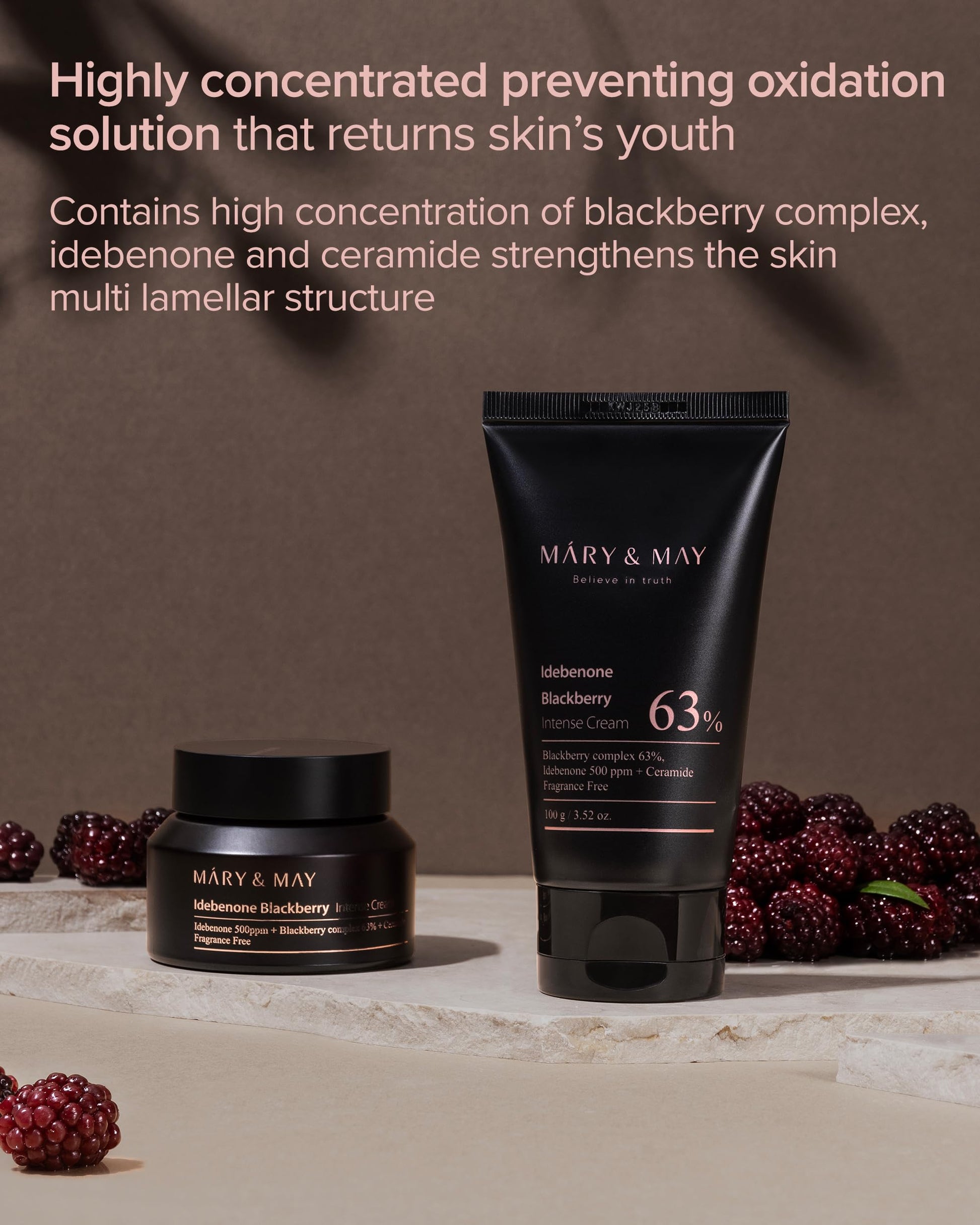 Mary&May-Crema hidratante intensa con idebenona y mora: humectante facial avanzado que fortalece la barrera cutánea con niacinamida, ceramida y ácido hialurónico
