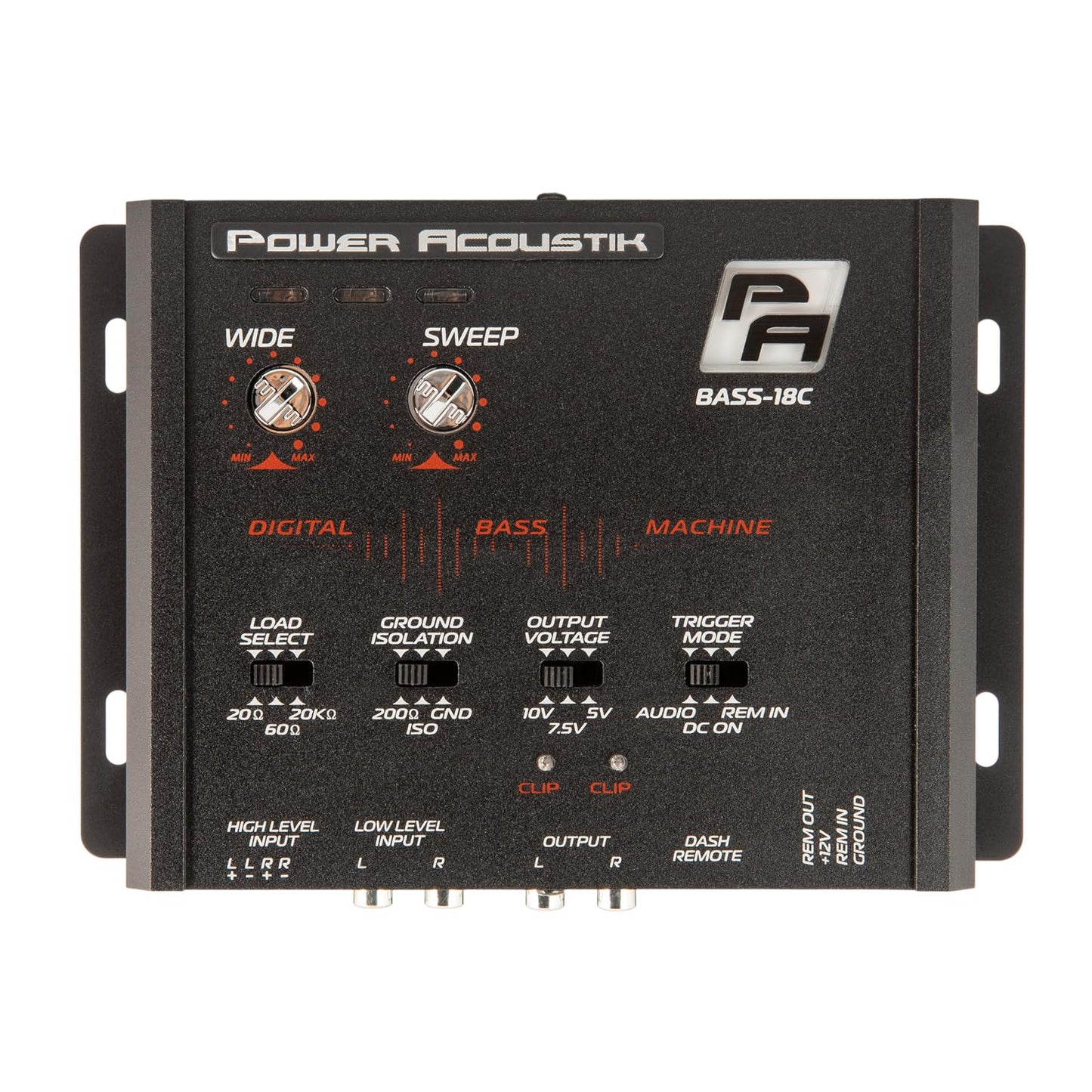 Power Acoustik BASS-18C Procesador de graves – Filtro subsónico variable y entrada RCA/alto nivel | Indicador de recorte LED | Salida de 10 V con aislamiento de tierra | Subpotenciador de audio para