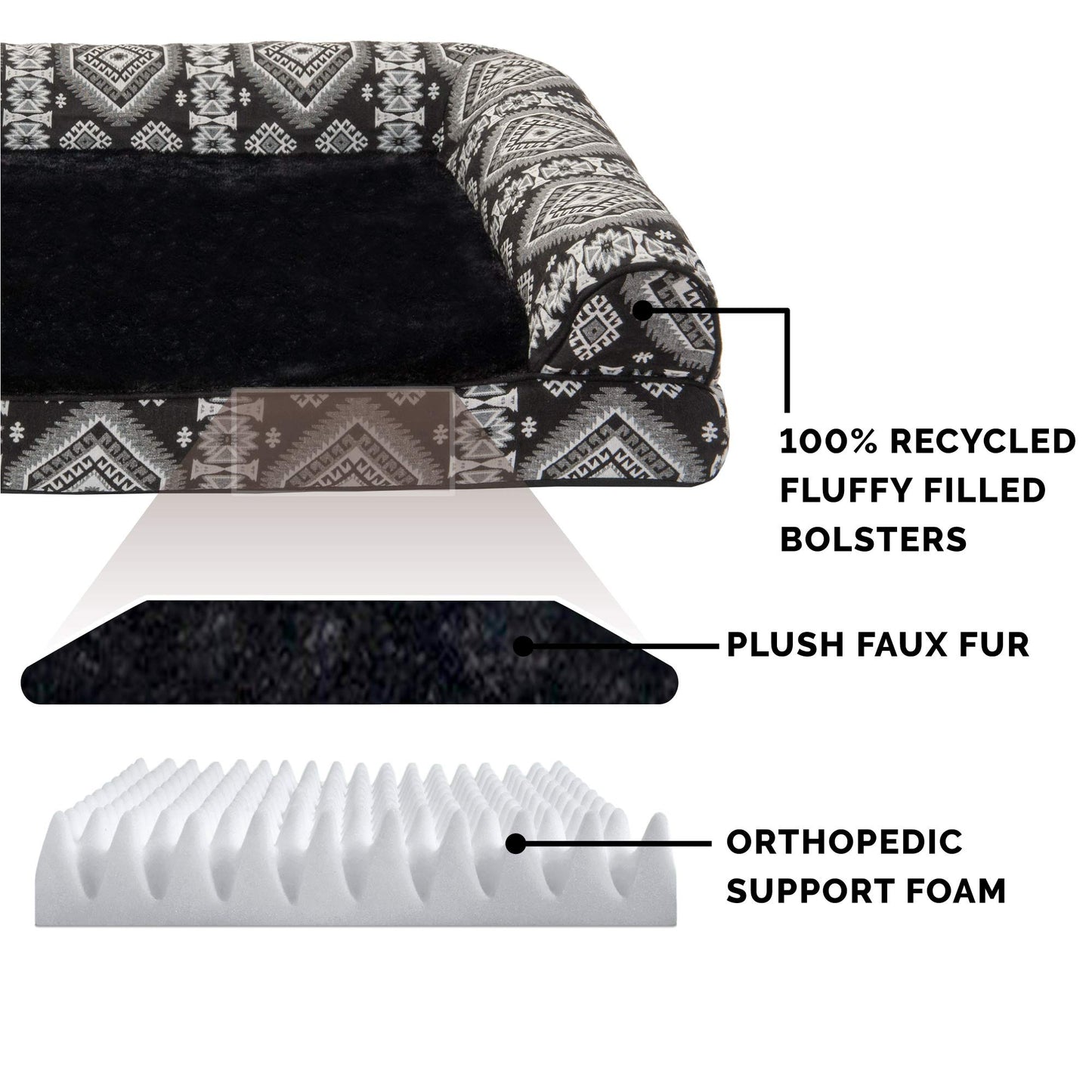 Furhaven Medium Orthopedic Dog Bed Plush & Southwest Kilim Decor Sofa-Style w/Removable Washable Cover - Black Medallion, Medium