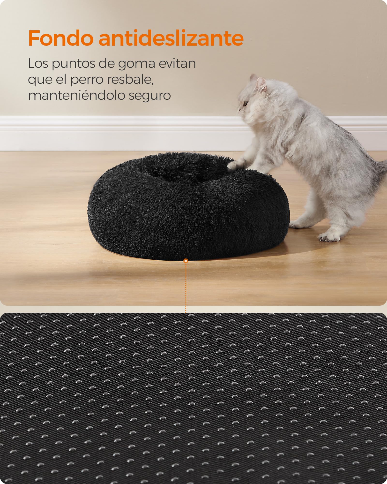 Feandrea Cama de Perros, Cama para Mascotas, Diámetro de 50 cm, Cojín Central Extraíble y Lavable, Alfombra de Felpa, Negro Tinta MPGW037B01