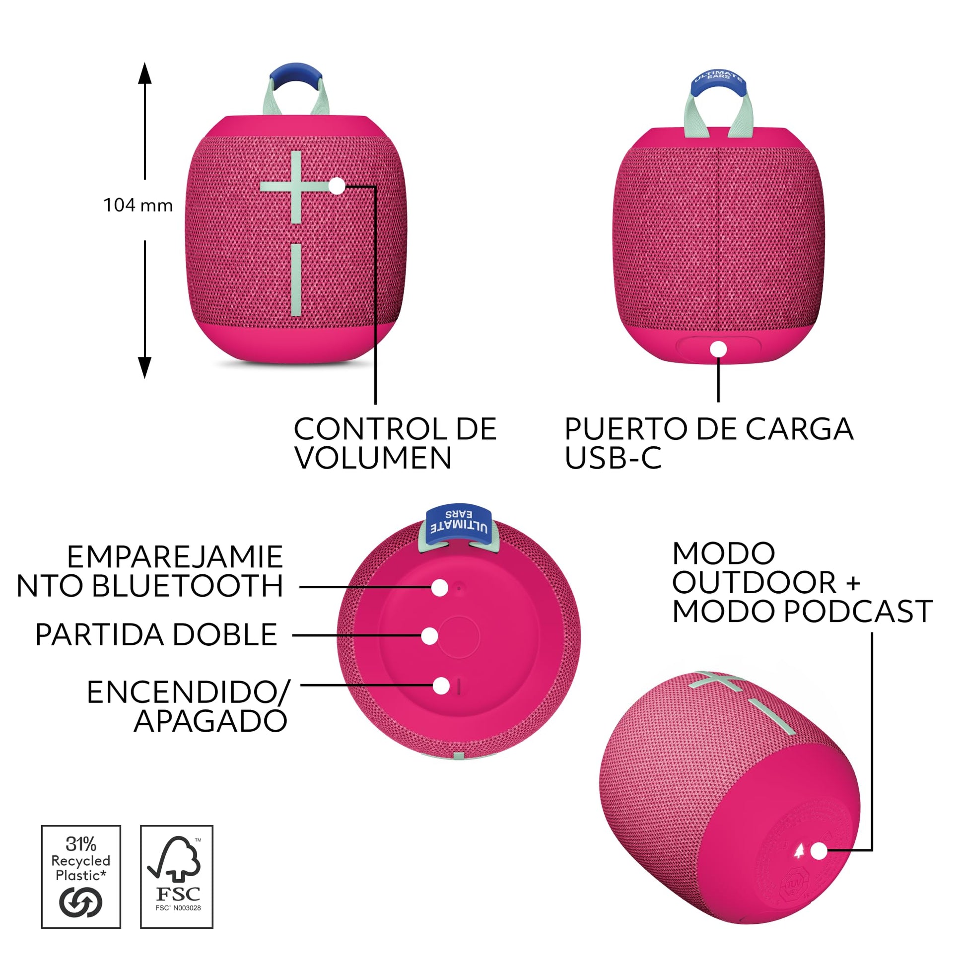Ultimate Ears WONDERBOOM 4, Bocina Bluetooth portátil Resistente al Agua con Graves potentes y Sonido de 360 Grados, Bocina Flotante a Prueba de Polvo con Alcance de 40 Metros - Rosa