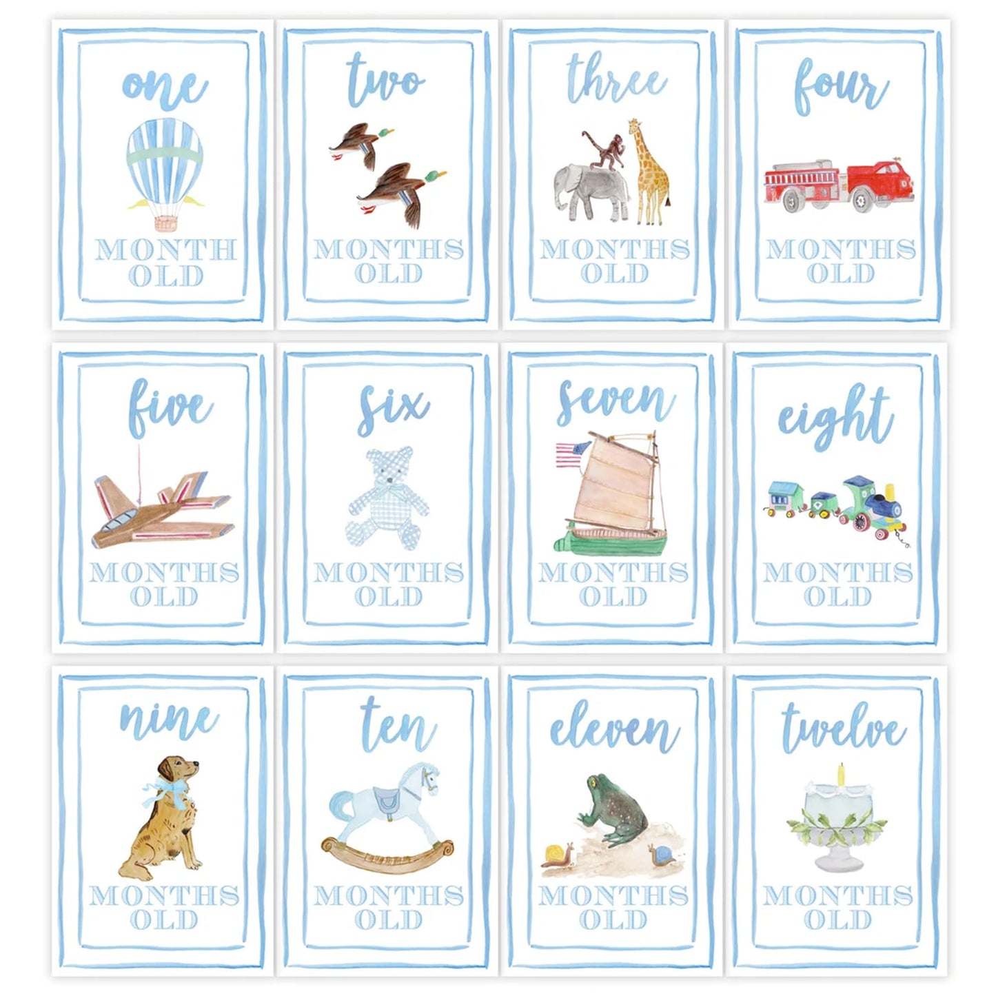 CIEQR - Juego de tarjetas de hito mensuales de acuarela, marcadores mensuales para recién nacidos hasta 12 meses, accesorio para fotos, baby shower (azul)