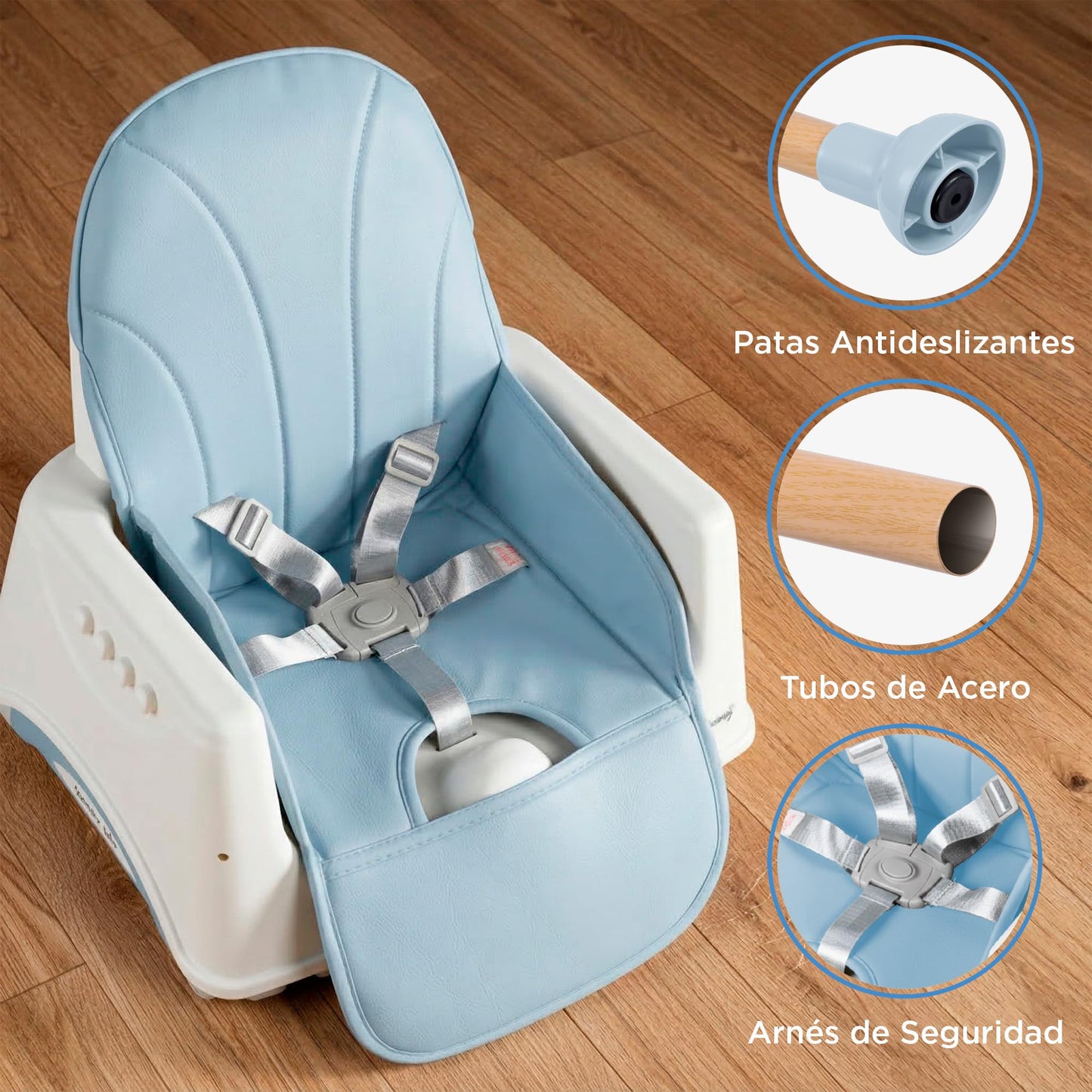 BEBBLY Silla Alta para Bebé con Patas de Madera Antiderrapante Asiento Ergonómico con Charola y Arnés de Seguridad Ideal para Comer o Jugar Niños y Niñas desde 6 Meses Moderna y Fácil de Limpiar (Azul)