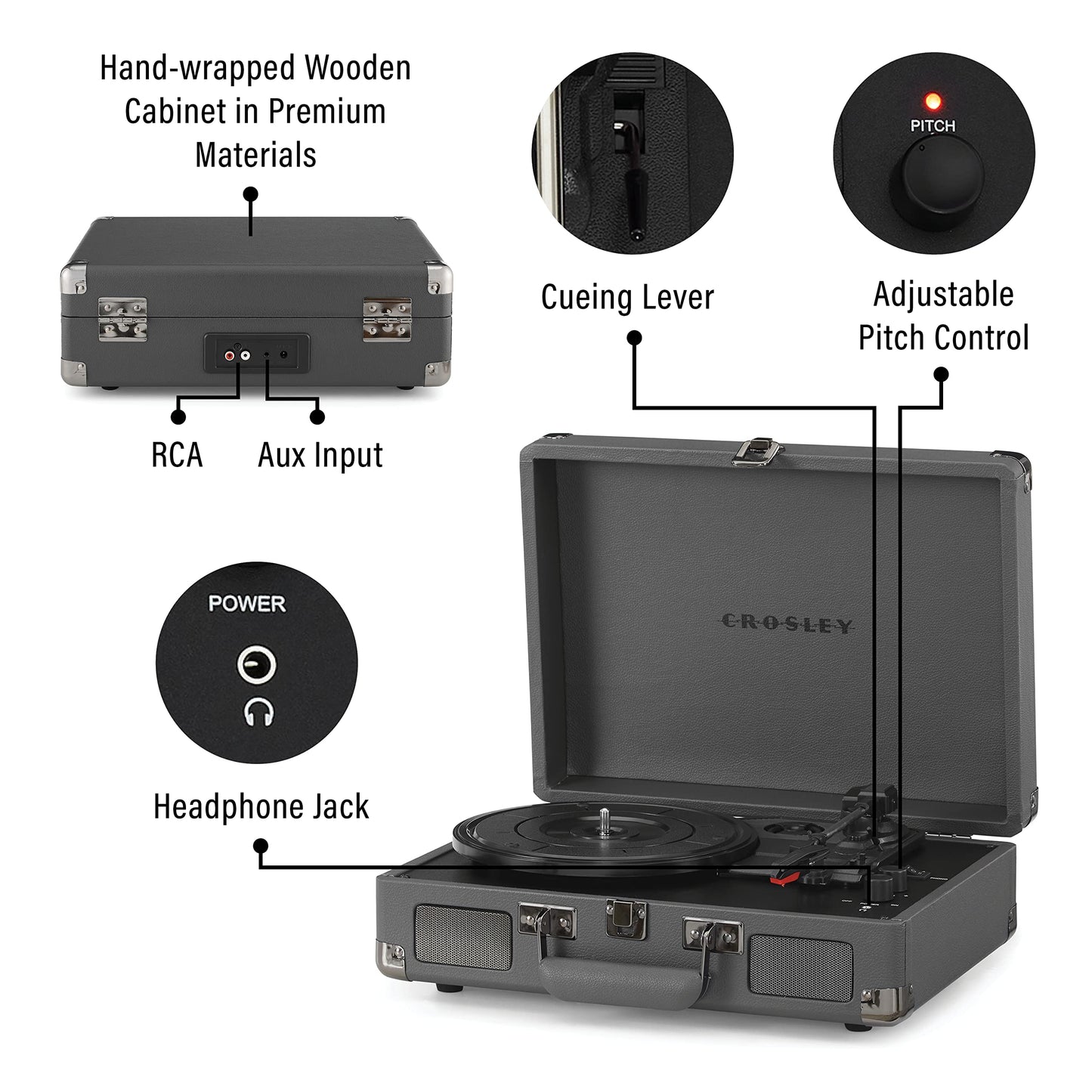 Crosley CR8005F-SG Cruiser Plus Vintage 3-Speed Bluetooth in/out Suitcase Turntable, Slate