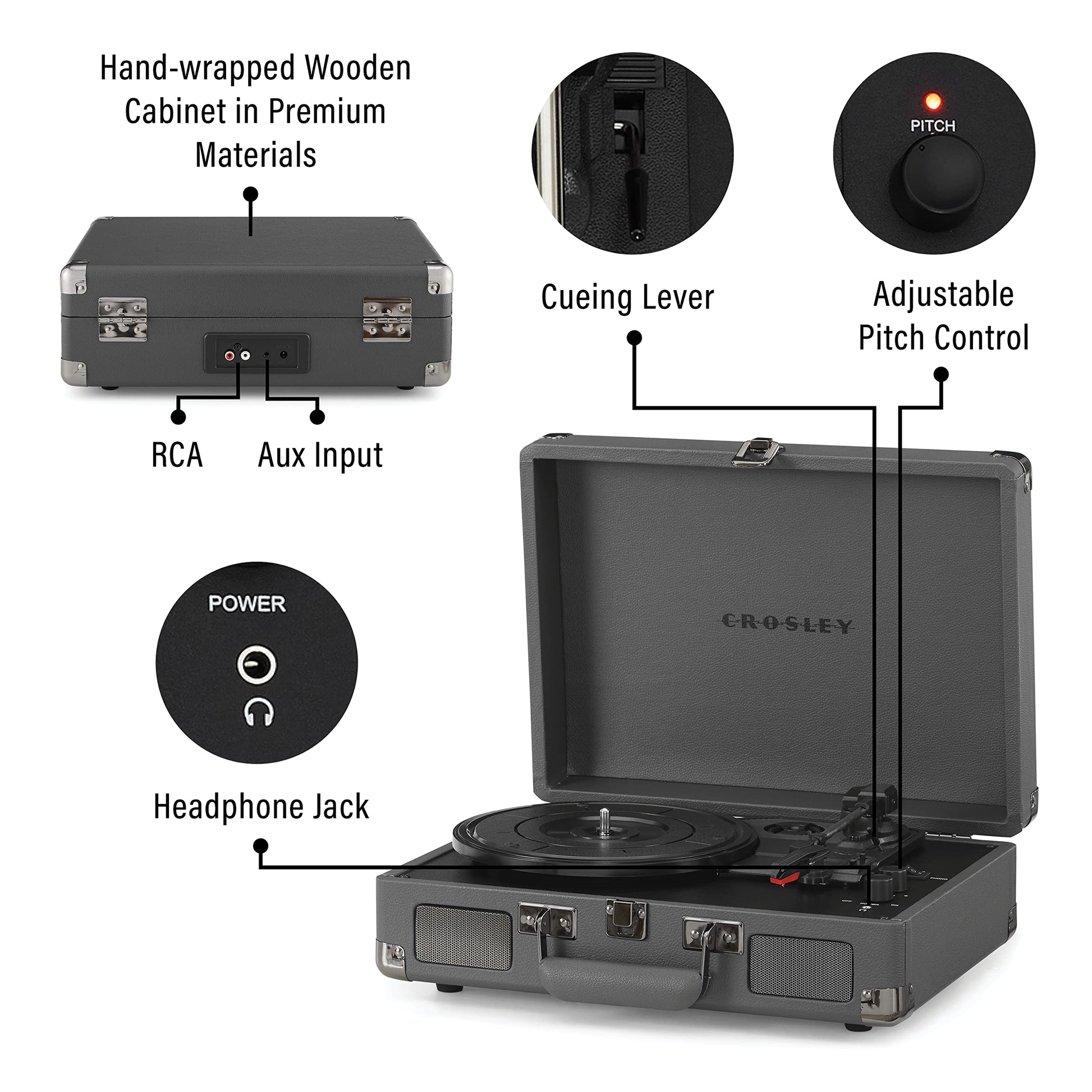 Crosley CR8005F-SG Cruiser Plus Vintage 3-Speed Bluetooth in/out Suitcase Turntable, Slate