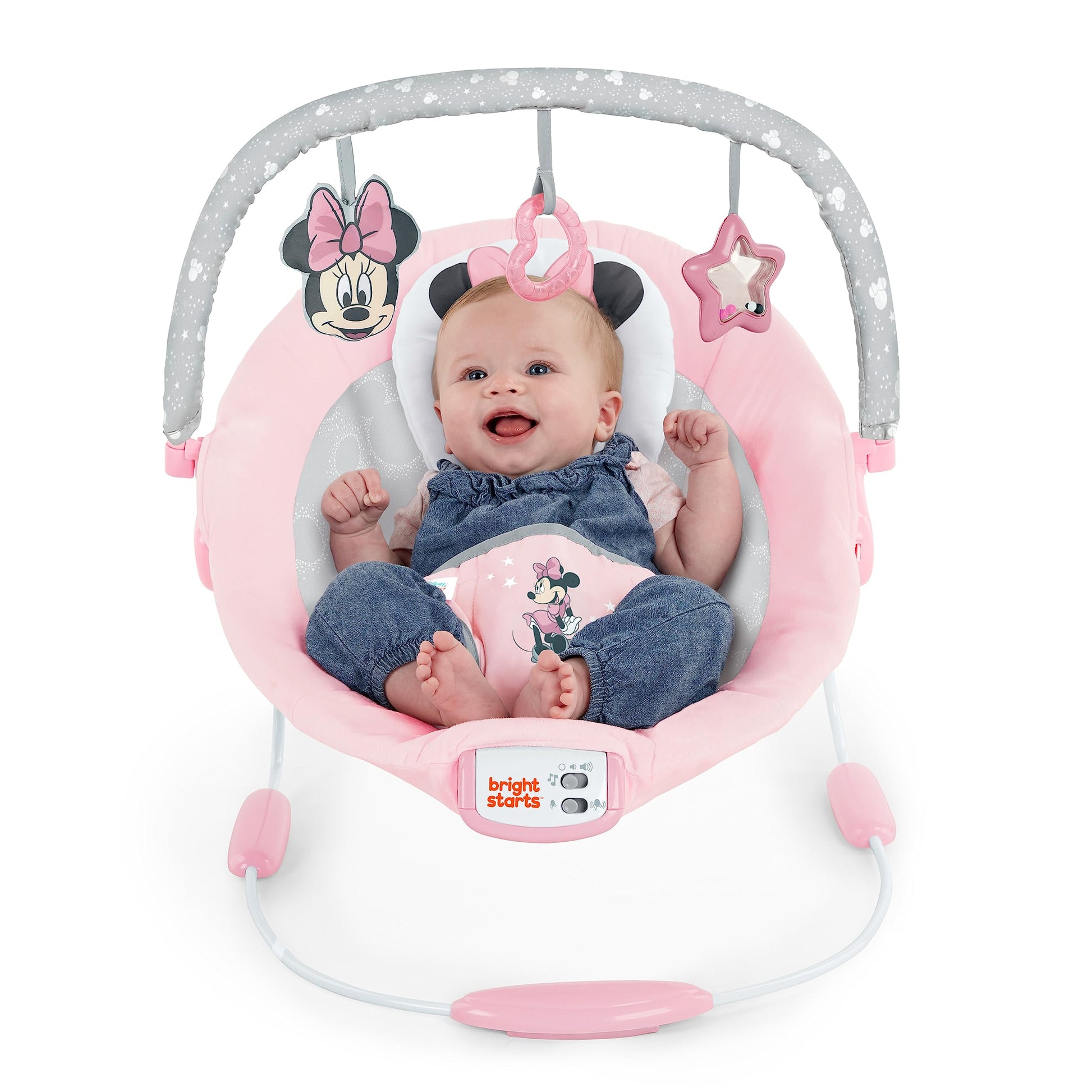Bright Starts Minnie Mouse Rosy Skies - Tumbona con asiento vibrador y melodías