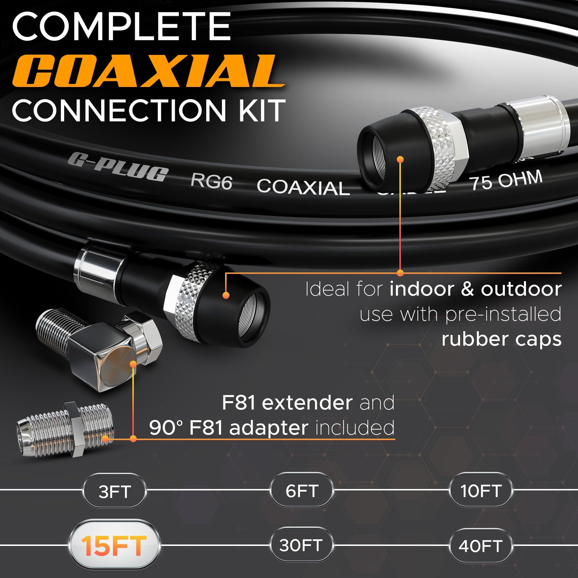 G-PLUG Cable Coaxial RG6 75 Ohm, Triple Blindaje, Impermeable, Conectores F Tipo Macho a Macho, Cable Antena TV, Satelital e Internet Banda Ancha, Incluye Acoplador F81, Negro