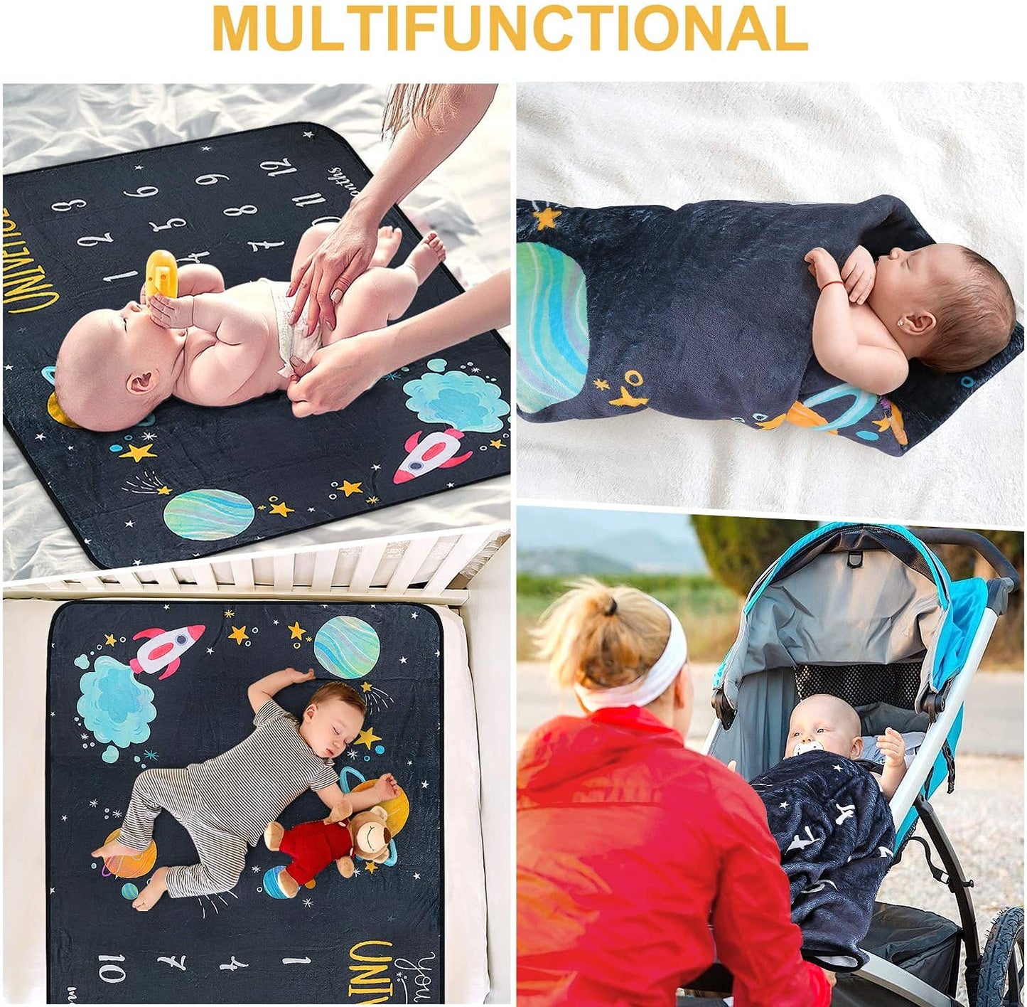 ComboJoy - Manta de hito para bebé para niño y niña, manta de hito mensual grande de 60 x 40 pulgadas, con 12 calcomanías de animales, rastreador de crecimiento personalizado con temática espacial