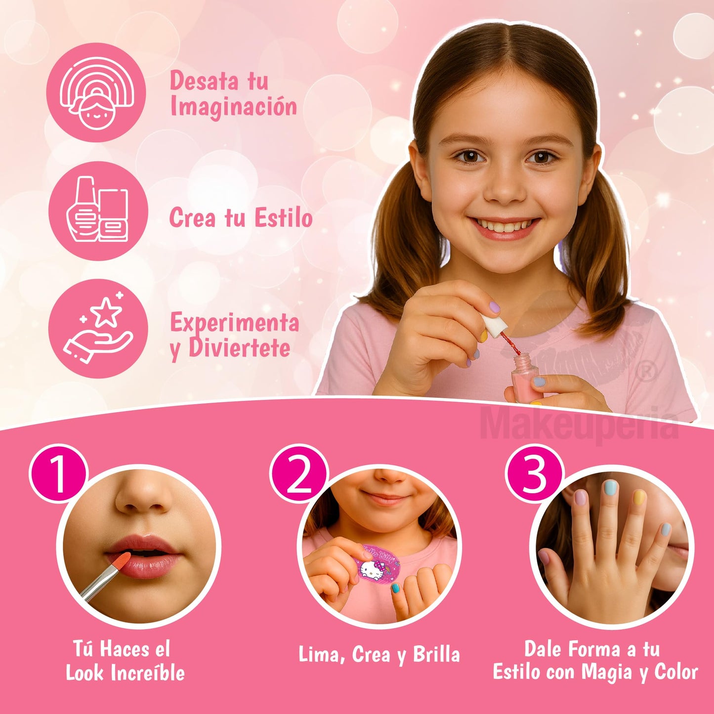 MAKEUPERIA Estuche de Maquillaje Infantil con Diseño Hello Kitty, Maletín Metálico con Espejo, Sombras, Brillos, Esmaltes, Lima, Separadores, Pinceles y Bandeja, Maquillaje Lavable y Seguro para Niñas