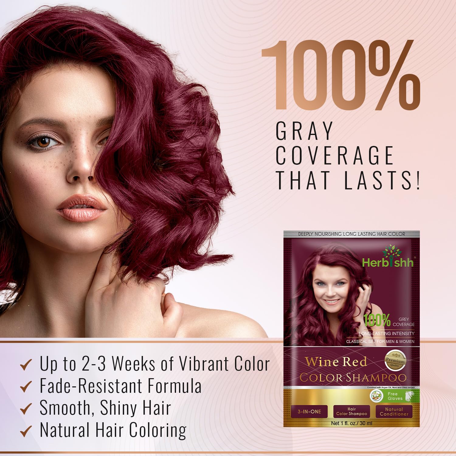 Herbishh Hair Color Shampoo for Gray Hair– Hair Dye Shampoo with Argan Hair Mask–Tamaño de viaje-Tiñe el cabello en minutos–Color de larga duración–10pack+1pack (Wine Red)