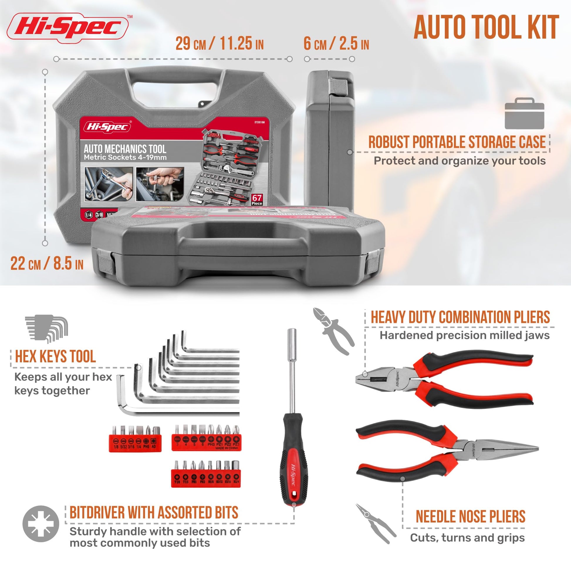 Hi-Spec Juego de Herramientas para Mecánica Automotriz de 67 Piezas. Herramientas Manuales de Bricolaje para Reparación y Mantenimiento de Automóviles, Bicicletas, y Motos. con Maletin de Transporte