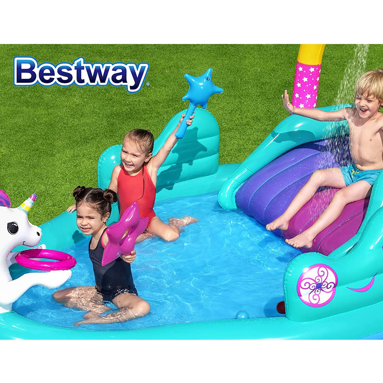 Bestway Alberca Inflable Infantil 3-6 años Unicornio c/resbalad 1mod 2.74x1.98x1.37m (9x6.6x54pulg) Caja(1)