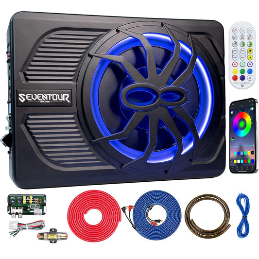 Subwoofer de 10 pulgadas de 800 W delgado alimentado por debajo del asiento, subwoofer de audio para coche/camión, amplificador integrado en combinación, con luz LED azul (subwoofer LED RGB + kit de