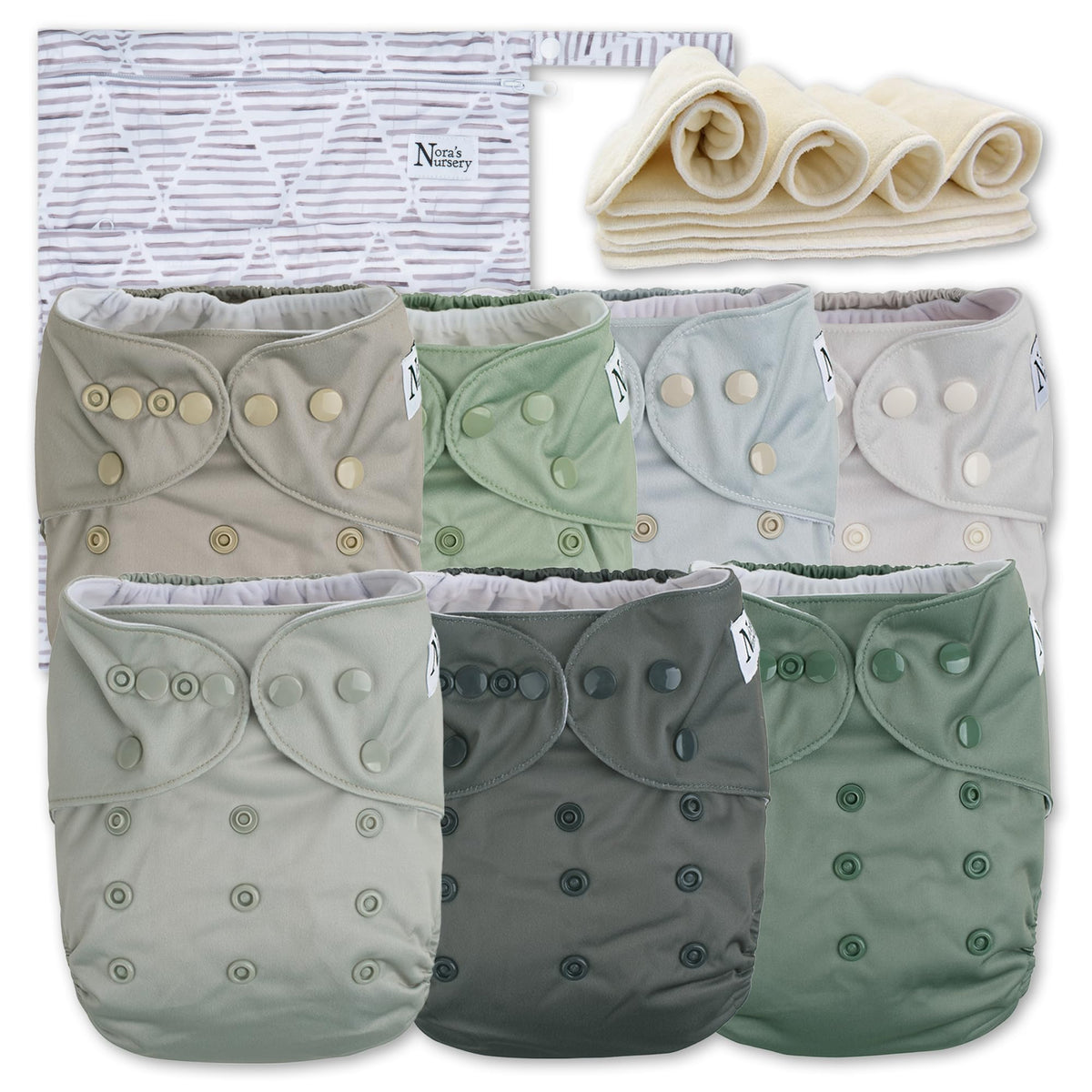 Nora's Nursery Morning Dew - Pañales de tela (7 unidades, con 7 insertos y 1 bolsa húmeda, funda impermeable, lavables, reutilizables, talla única), pañales de bolsillo ajustables para recién nacidos