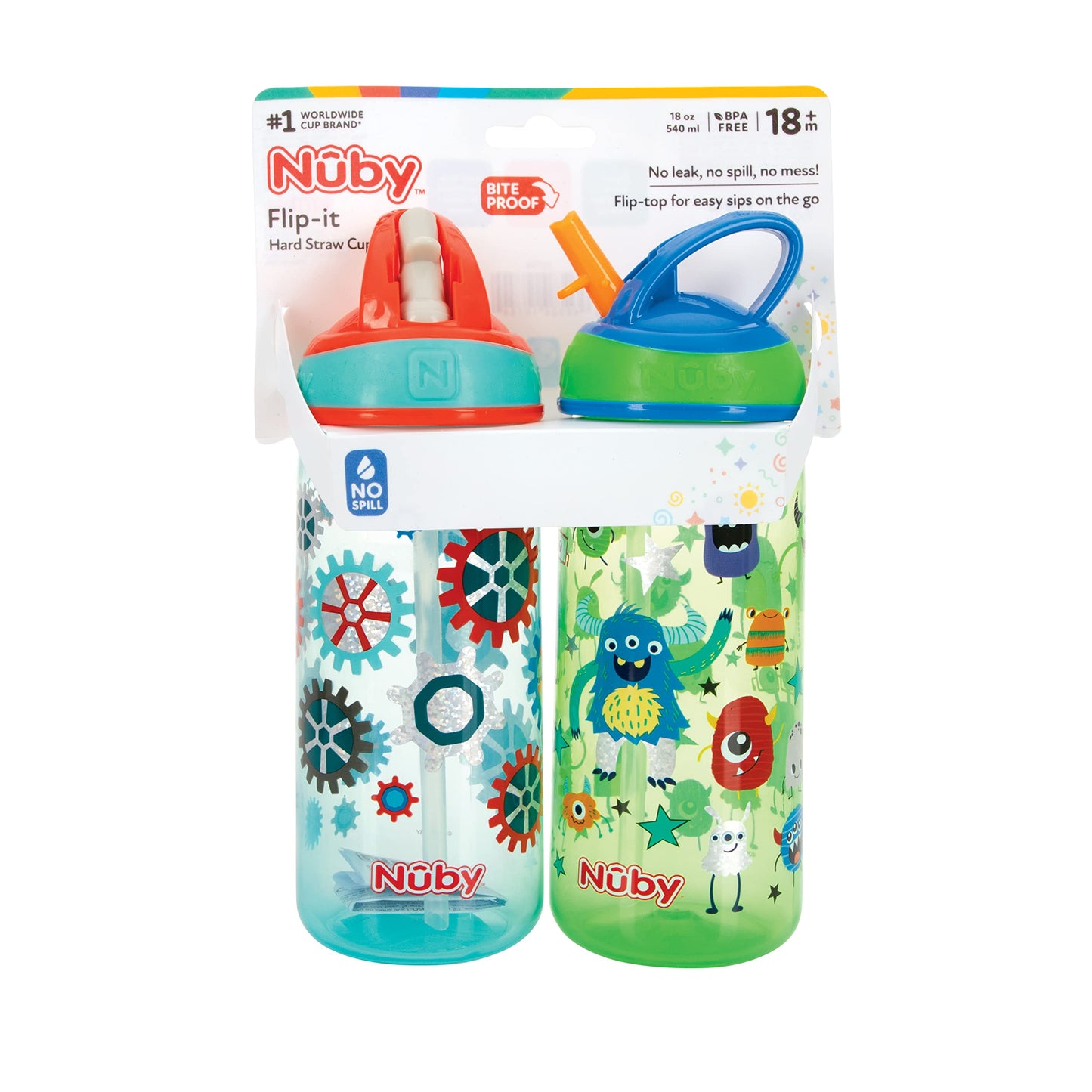 Botellas de Agua Nuby Iridiscentes para Niños con Pajita Dura a Prueba de Mordeduras Robot y Monstruo 18 Meses 540 ml Paquete de 2