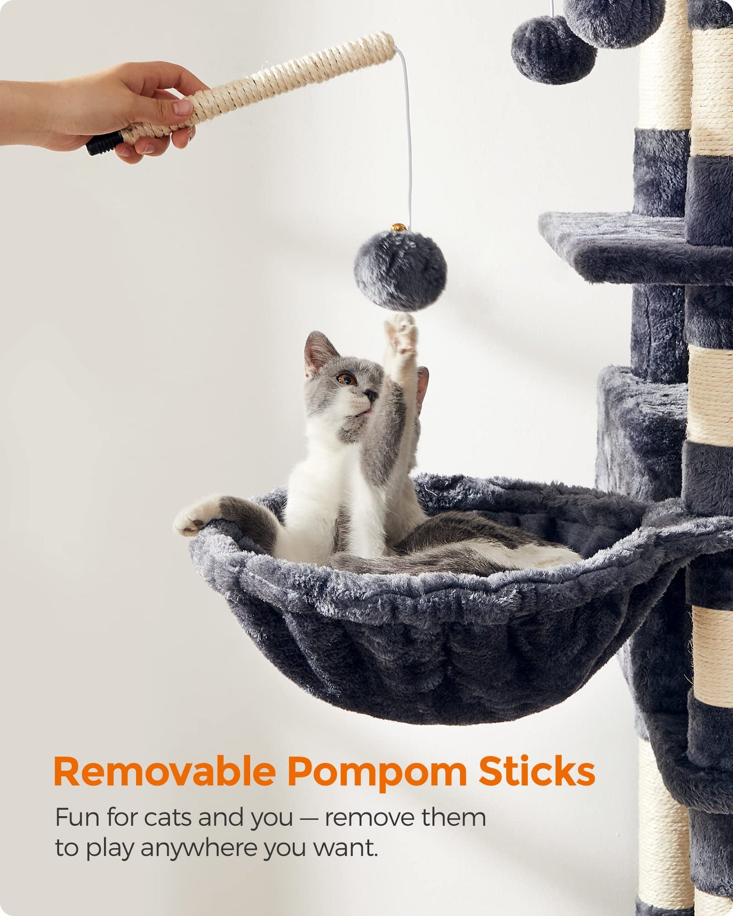 Feandrea Árbol para Gatos, Torre Grande para Gatos, 164 cm, con Hamaca, Condominio para Gatos, Gris Ahumado MPCT087G01
