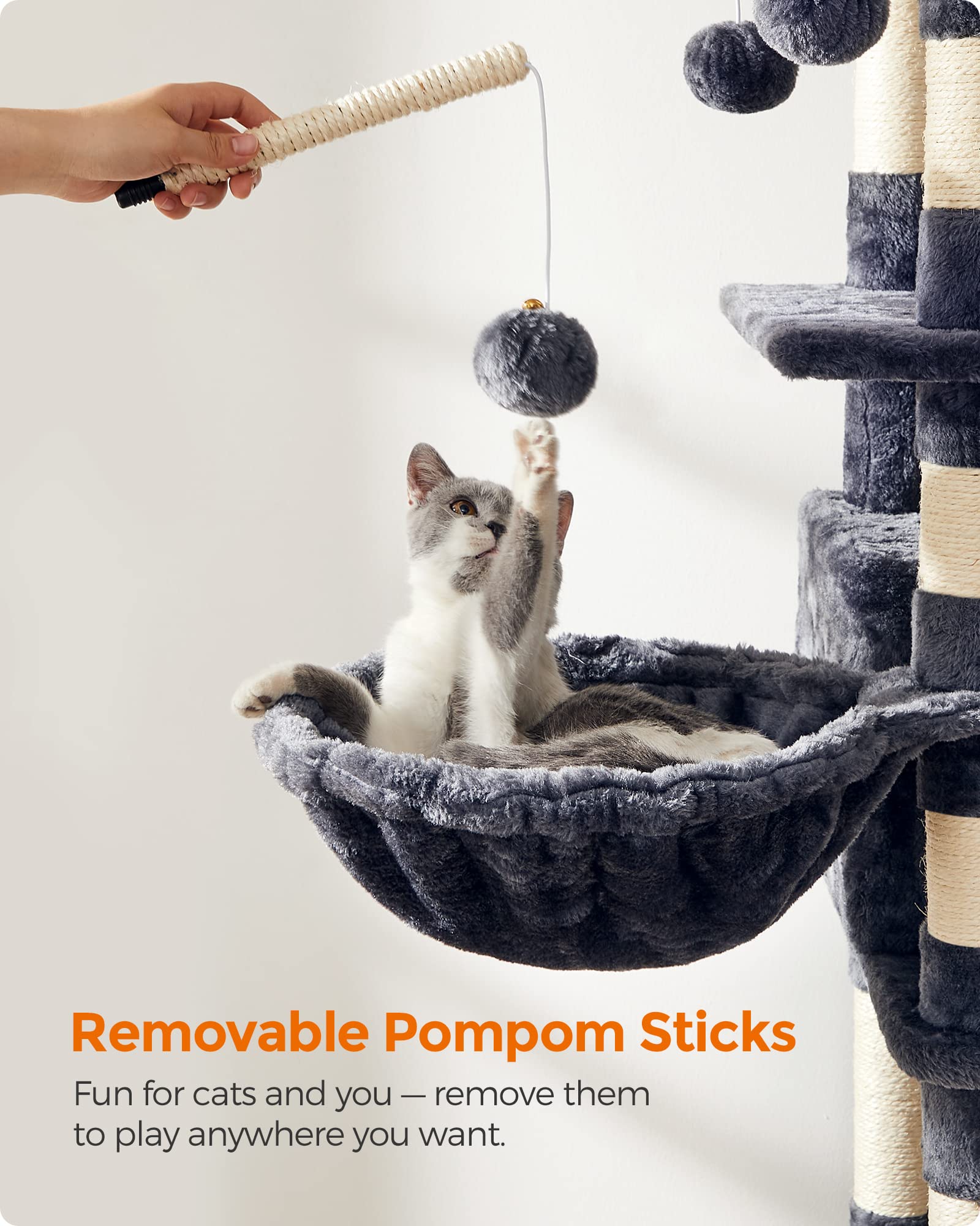 Feandrea Árbol para Gatos, Torre Grande para Gatos, 164 cm, con Hamaca, Condominio para Gatos, Gris Ahumado MPCT087G01