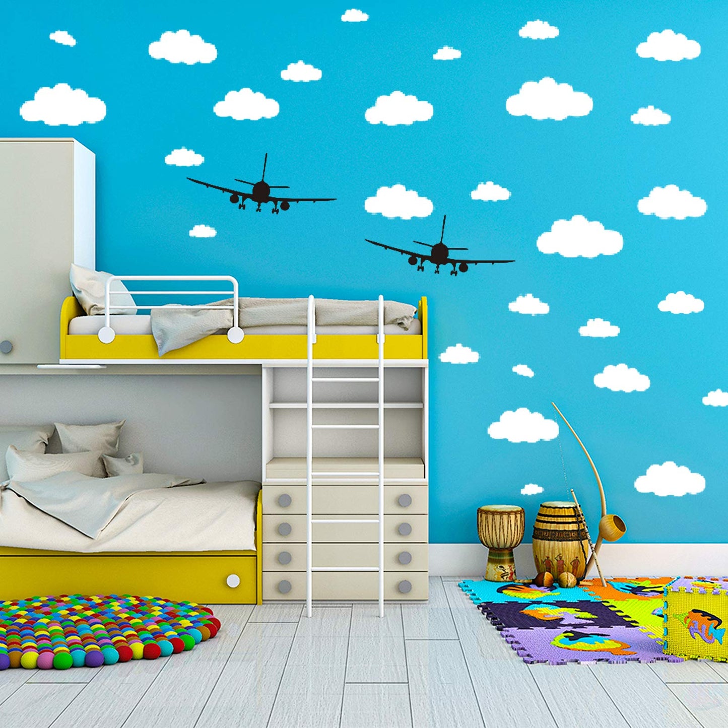 31 piezas de calcomanías de nubes para pared y 2 piezas de aviones negros decorativos para pared para habitación de bebé y niños, calcomanías de pared de nubes removibles de vinilo CUNYA para
