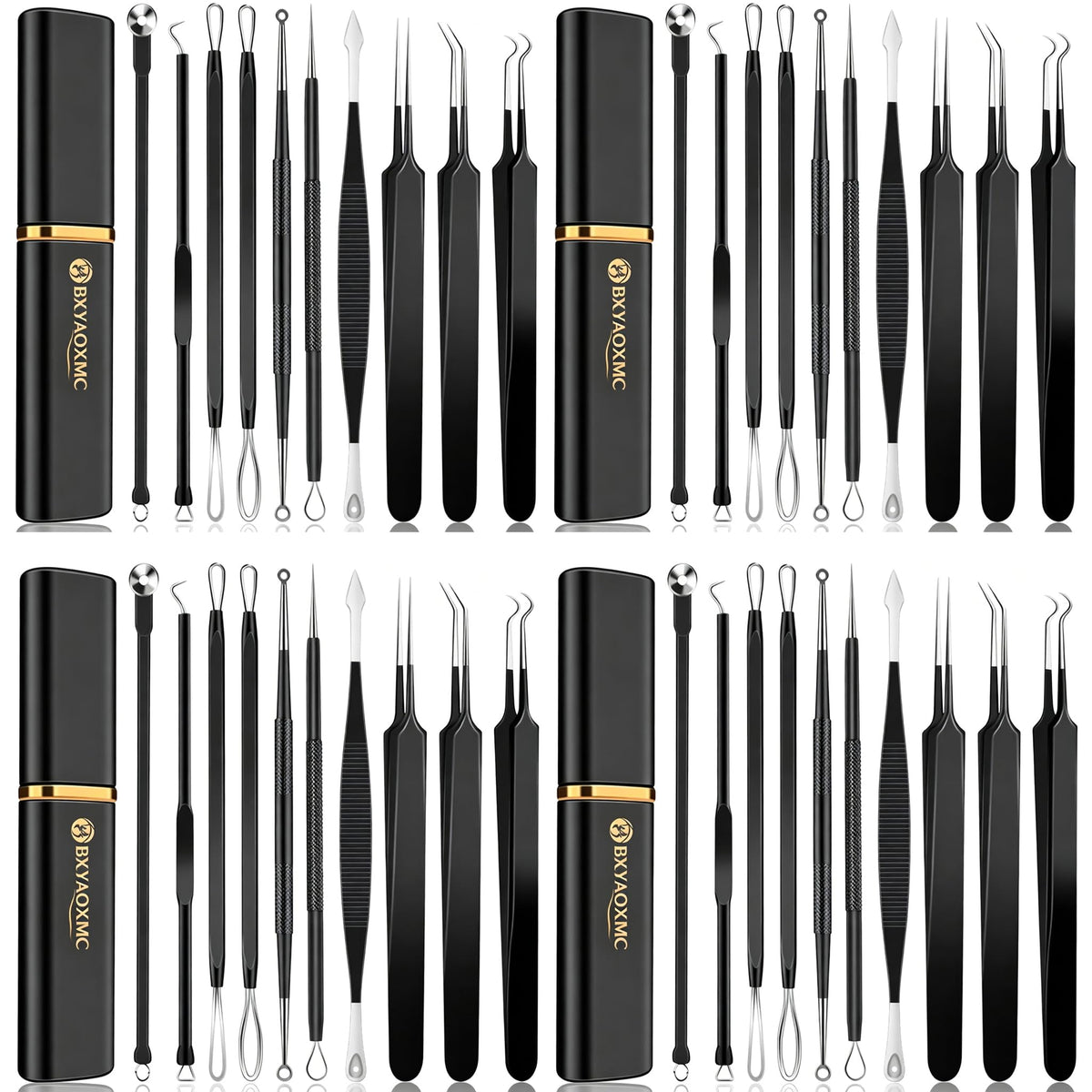 40 piezas de herramientas de popotón de espinillas de acero inoxidable, extractor de comedones para frente, nariz, herramienta ligera de aguja de acné con caja de metal para viajes en el hogar