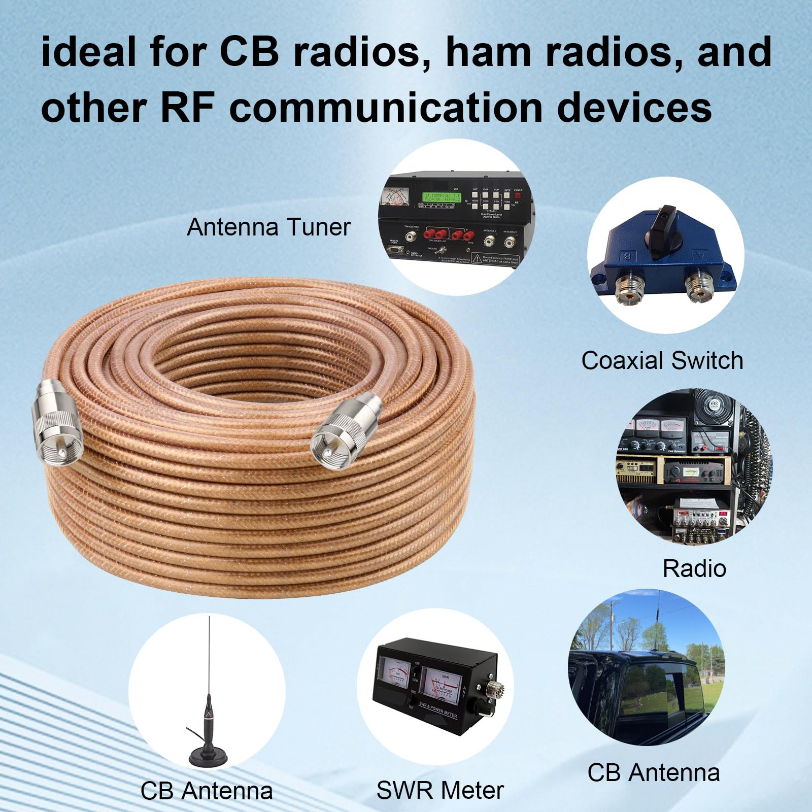XRDS -RF 30 cm 3 piezas de cable coaxial RG8X con conectores macho PL259 UHF, núcleo de cobre sólido, blindaje trenzado, cable CB para radio ham, radio HF y dispositivos de comunicación
