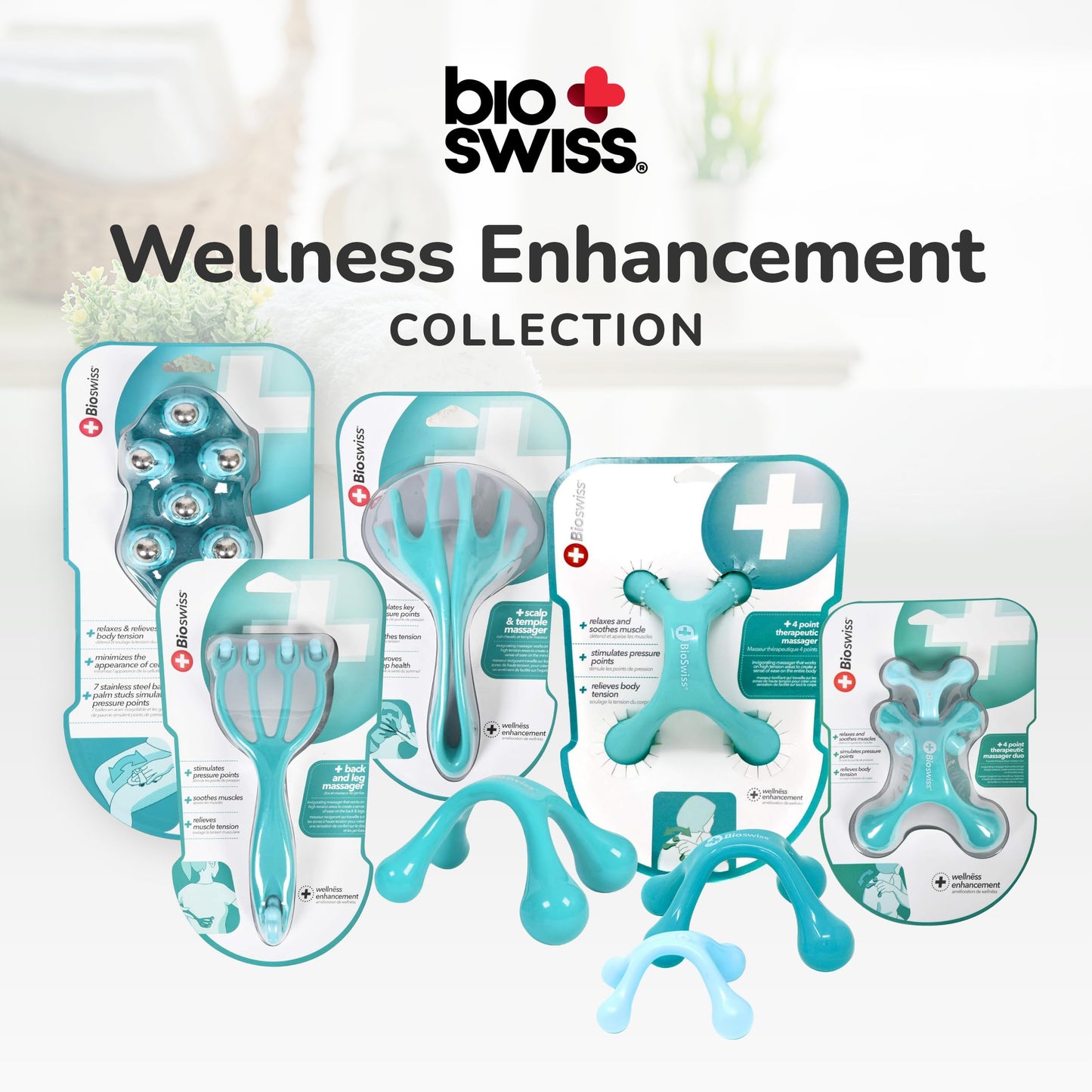 BioSwiss Masajeadores de mano de tejido profundo de espalda – Herramientas de masaje manual para cuello y espalda – Palma de mano cuerpo completo 4 patas Acupresión suave Herramientas de masaje de punto suave (paquete individual)