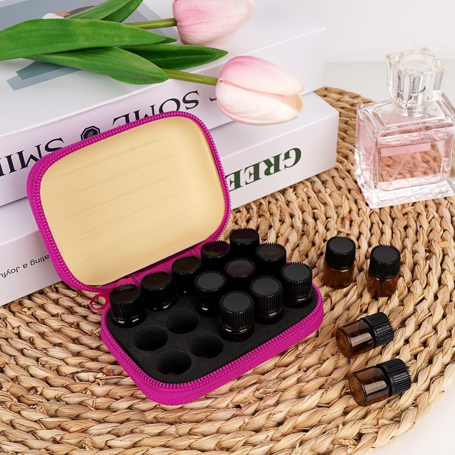 Biiange - 2 mini estuche para botellas de aceite esencial, caja de almacenamiento de aceite esencial, con 30 botellas de aceite esencial de 1 ml, para hogar, exteriores, aromaterapia de viaje (15