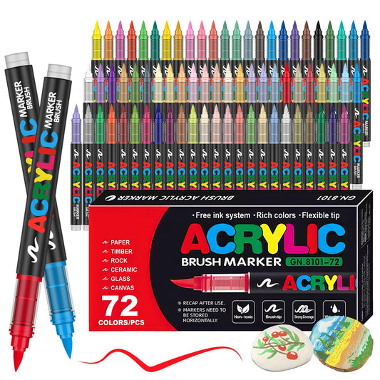 Marcadores Acrílicos 72 Colores Punta Brush – Tinta Acrílica Líquida de 2.4 ml，Plumones Acrilicos, Marcadores Acrilicos de Pintura Premium para Pintura Vidrio, Tela, Kit de Calabazas, Manualidades Diy