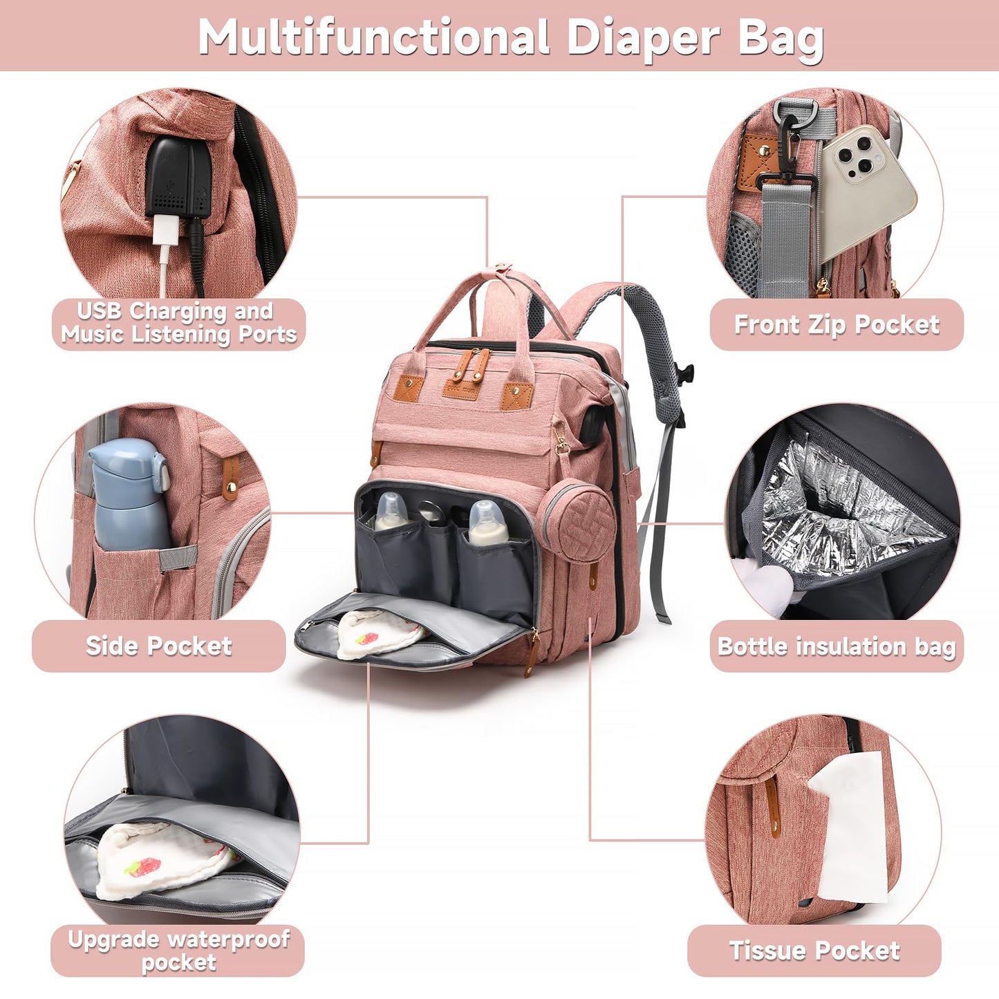 AHNTTGS - Bolsa para pañales con cambiador, Rosa-gris, Grande