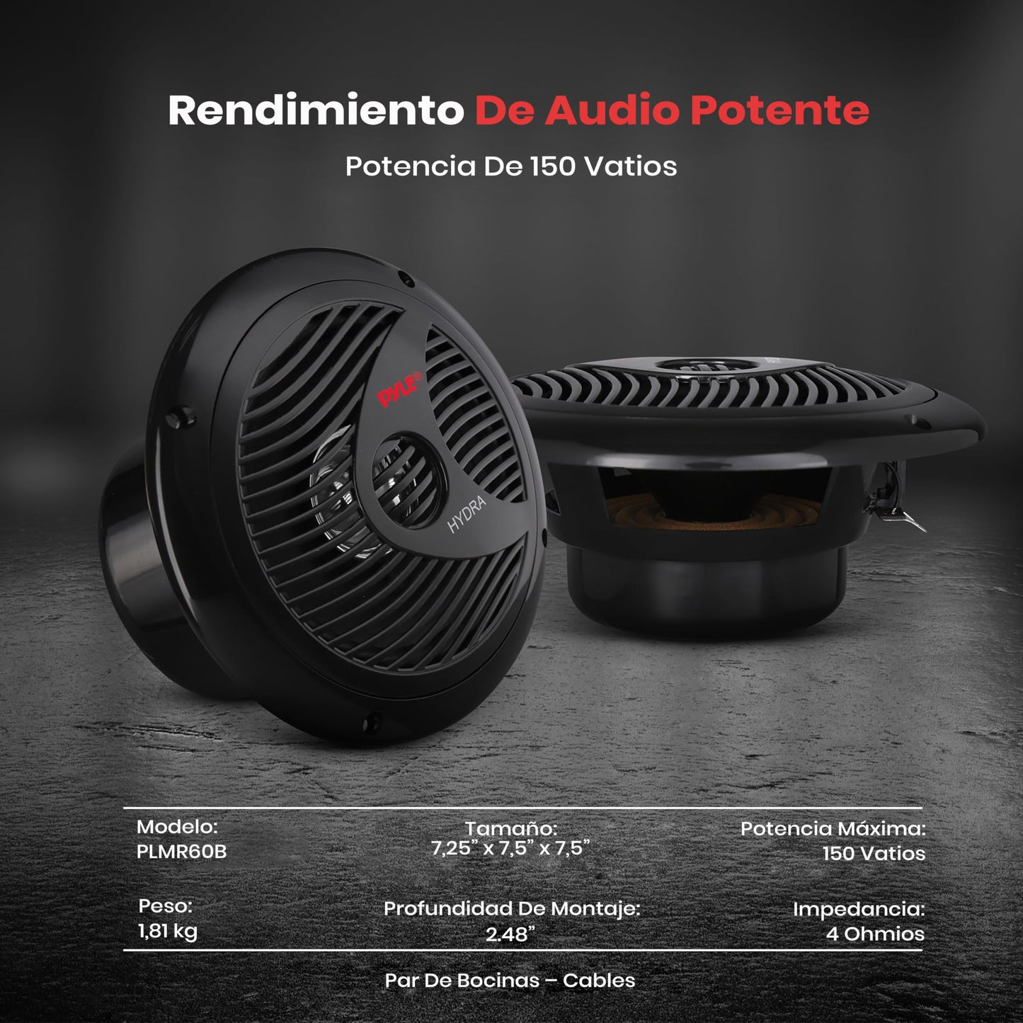 Pyle bocinas marinas dobles de 6.5 pulgadas. Sistema de sonido estéreo para exteriores resistente al agua. 2 vías. Potencia 150 watts. 1 par. Negro