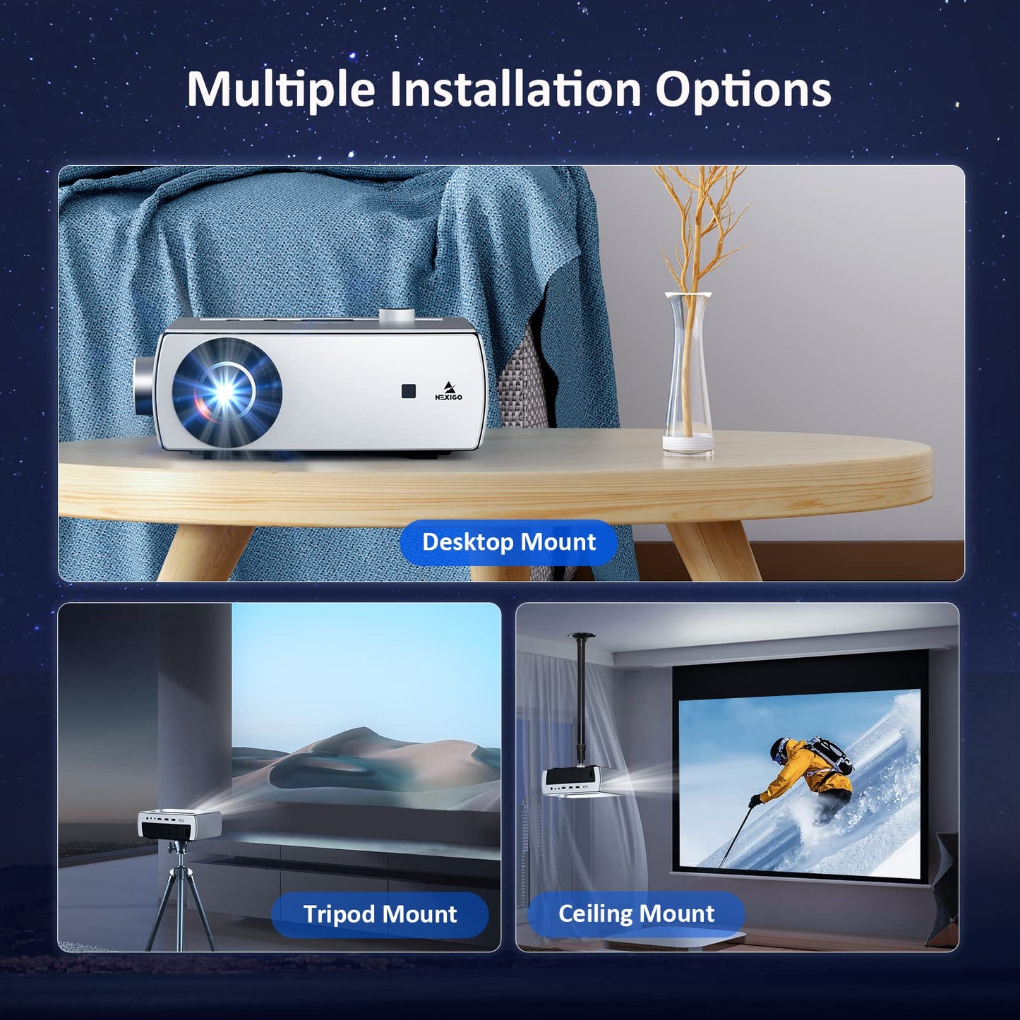 NexiGo - Proyector Bluetooth WiFi PJ10, 300ANSI, proyector de película nativo 1080P, soporte Dolby_Sound, control remoto, compatible con teléfono, computadora, HDMI, USB, interfaces AV