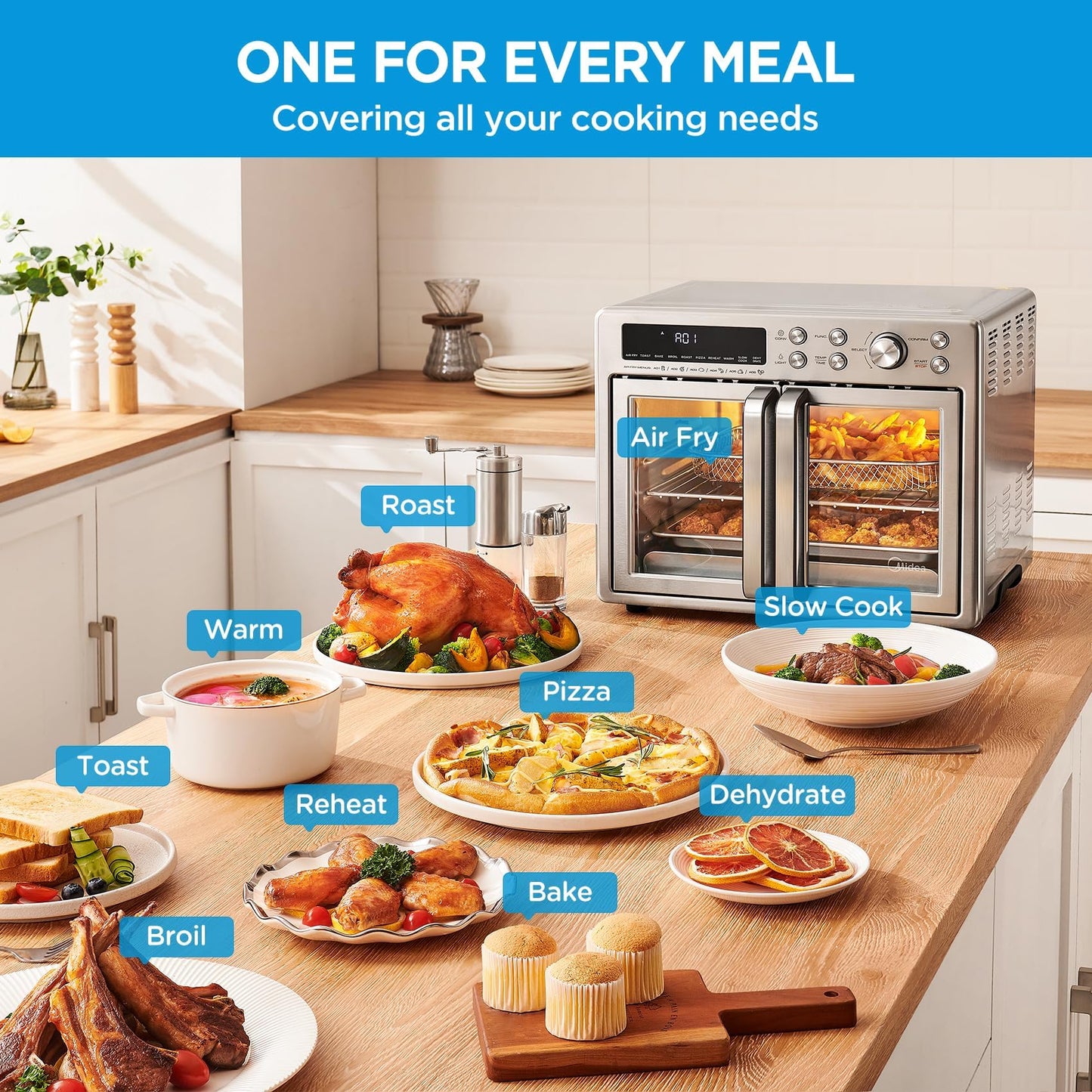 Freidora de Aire Extragrande Midea Flexify Acero para Horno Tostador de Puerta Francesa 90% Menos Aceite